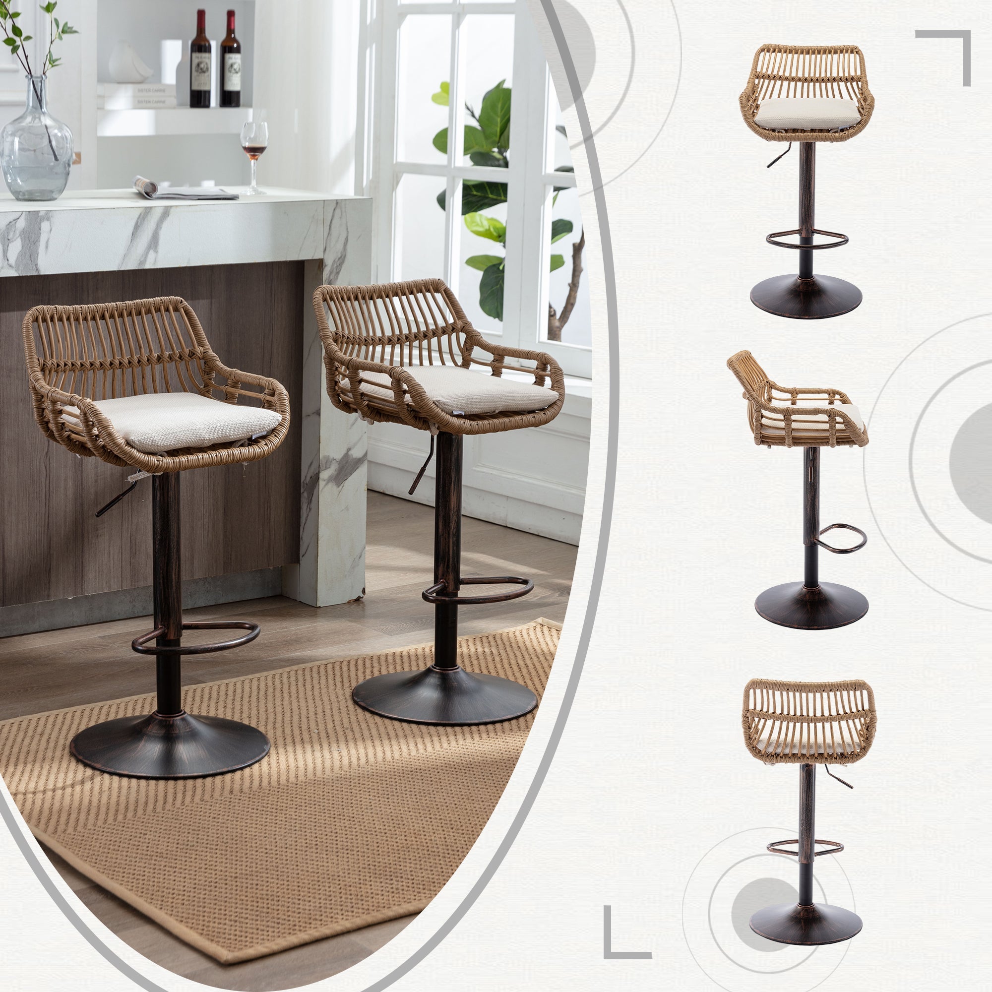 Modern Bar Stool Set of 2, Adjustable with Footrest, Beige