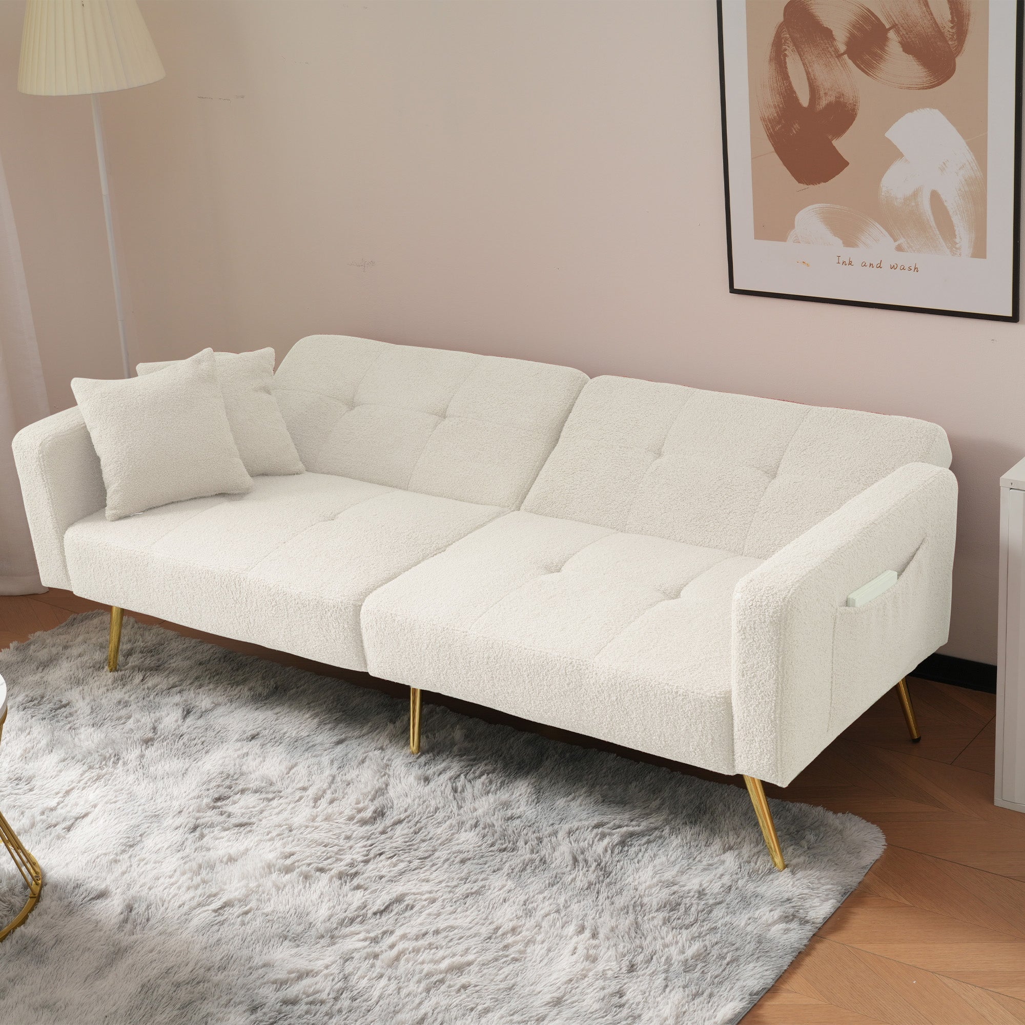 Sofa Bed with Bed Function, 3 Adjustable Backrest Angles, Gold Legs, Cushions, and Side Pockets - Sherpa Fabric