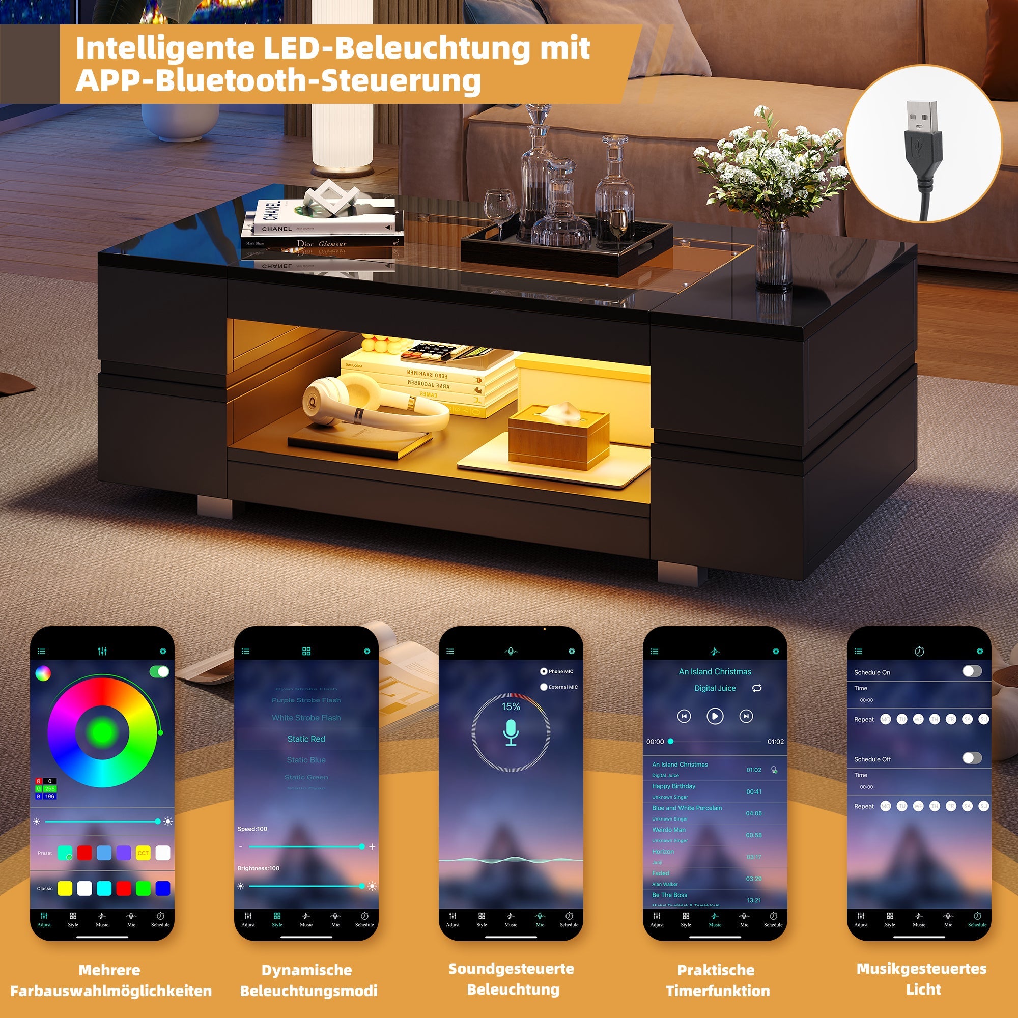 LED Coffee Table with Bluetooth App Control, Double-Layer High-Gloss, Black