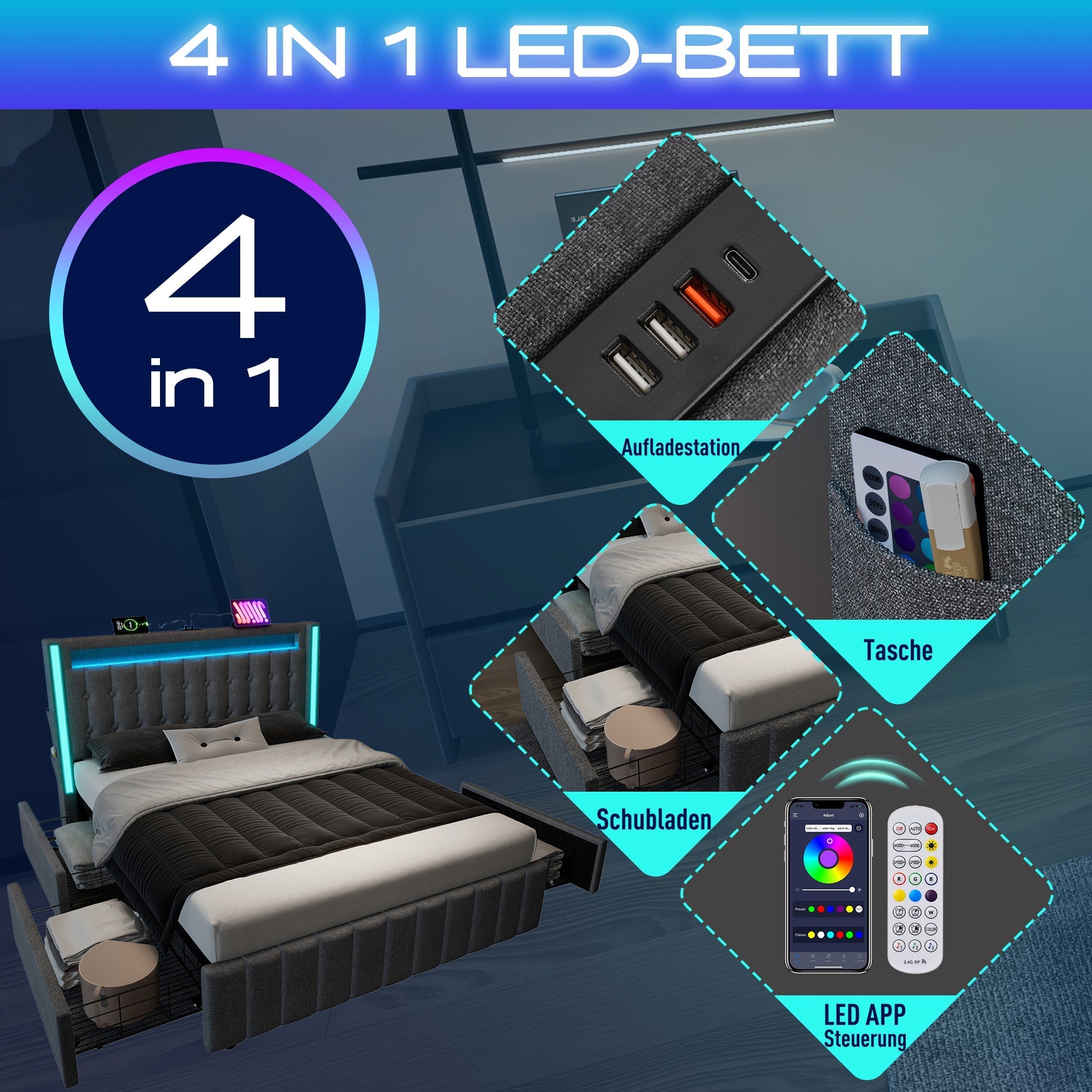 Upholstered Bed with USB Type C, LED & 4 Drawers, 160x200cm, Gray Wood