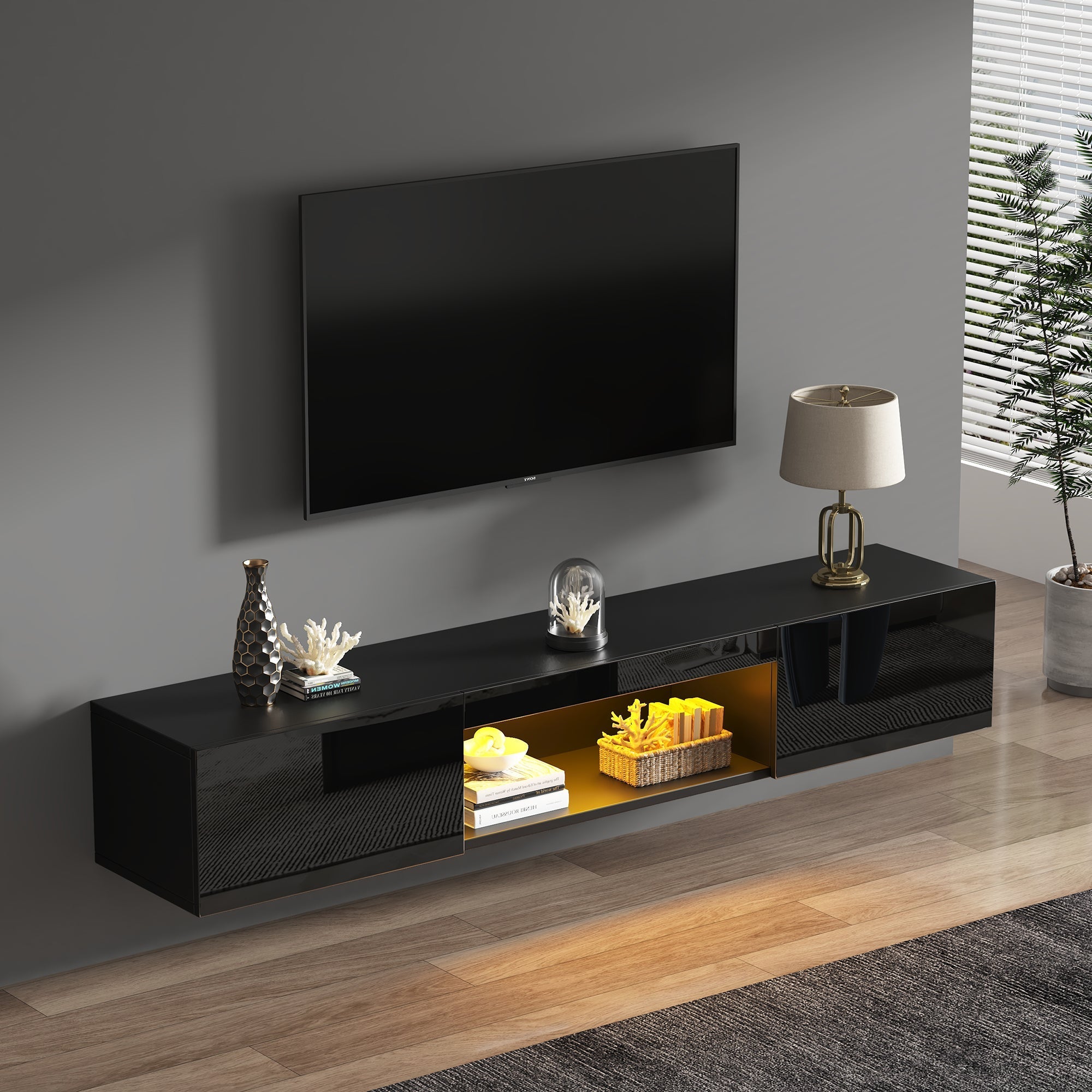 Wall-Mounted TV Stand with LED Lighting and High Gloss Finish for 70-Inch TVs, Black