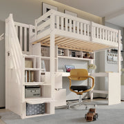 Children's Bunk Bed with Staircase, Corner Desk and Storage, White Pine Wood