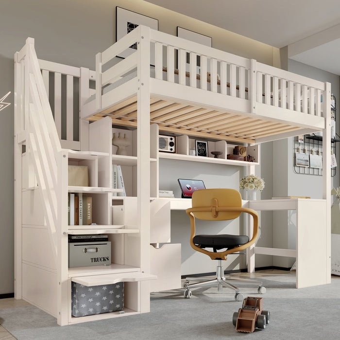 Children's Bunk Bed with Staircase, Corner Desk and Storage, White Pine Wood