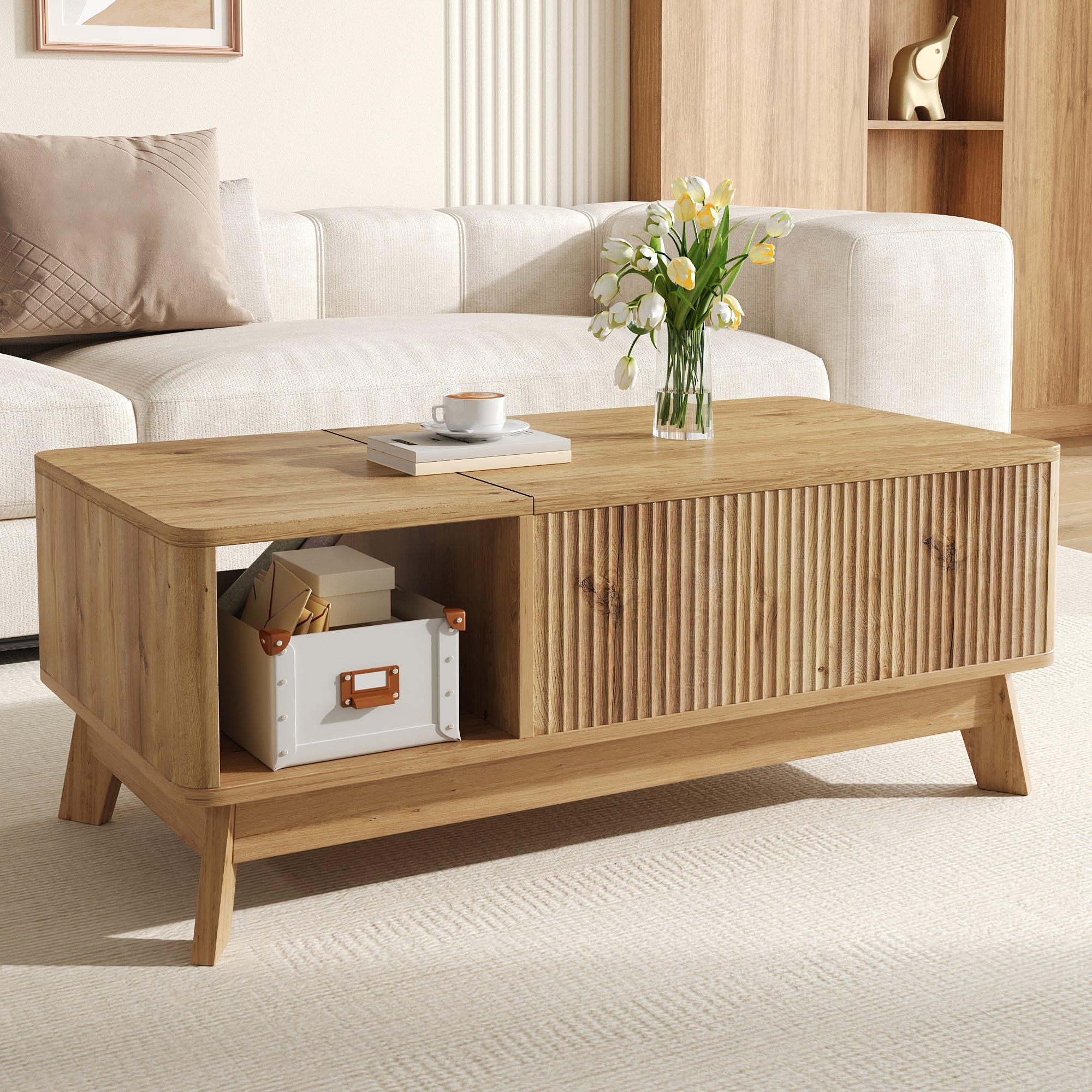 Coffee Table with Lifting Mechanism, Wave Design and Open Side Compartment, MDF Material