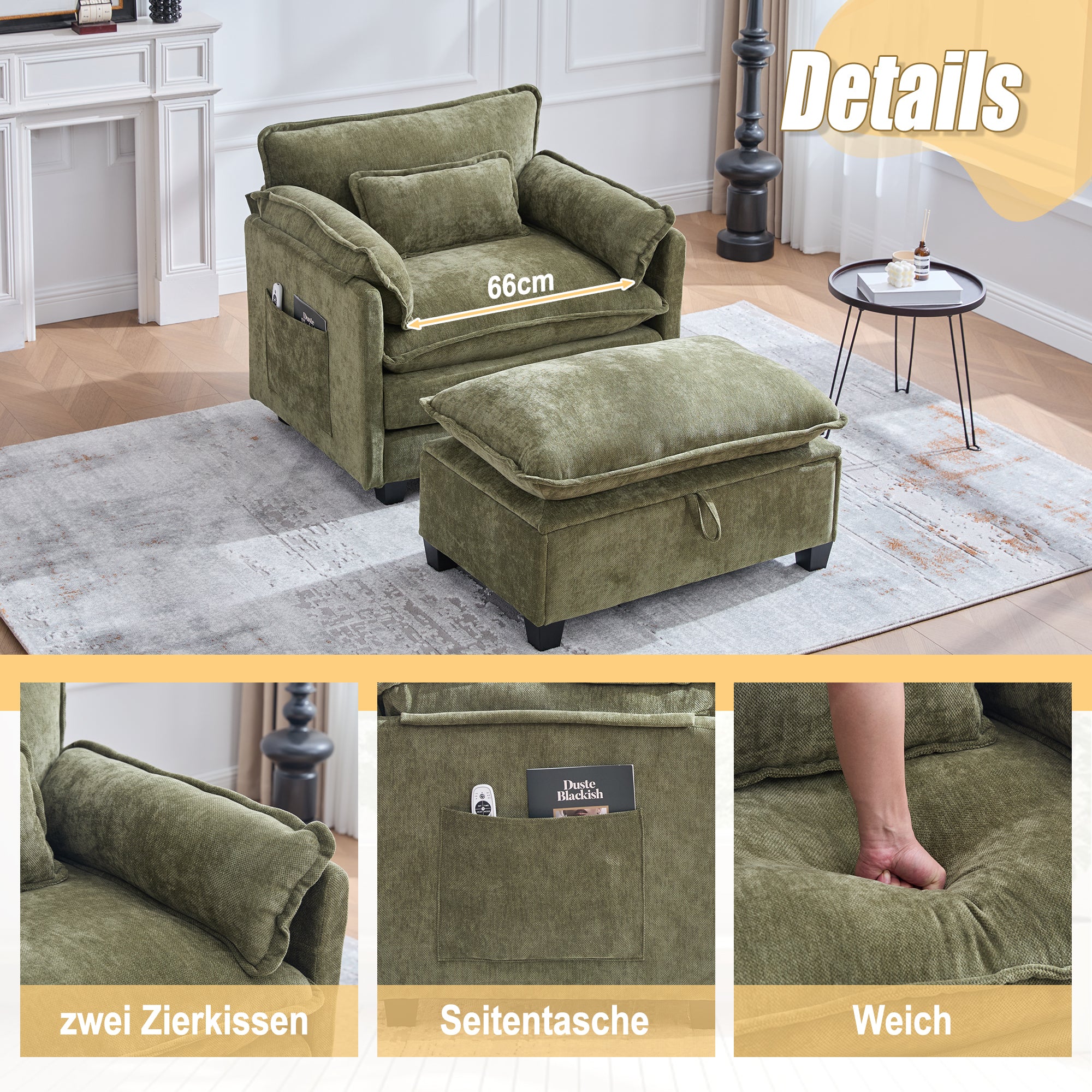 Armchair, Oversized with Footrest, Stool, Side Pockets, Cushions - Velvet