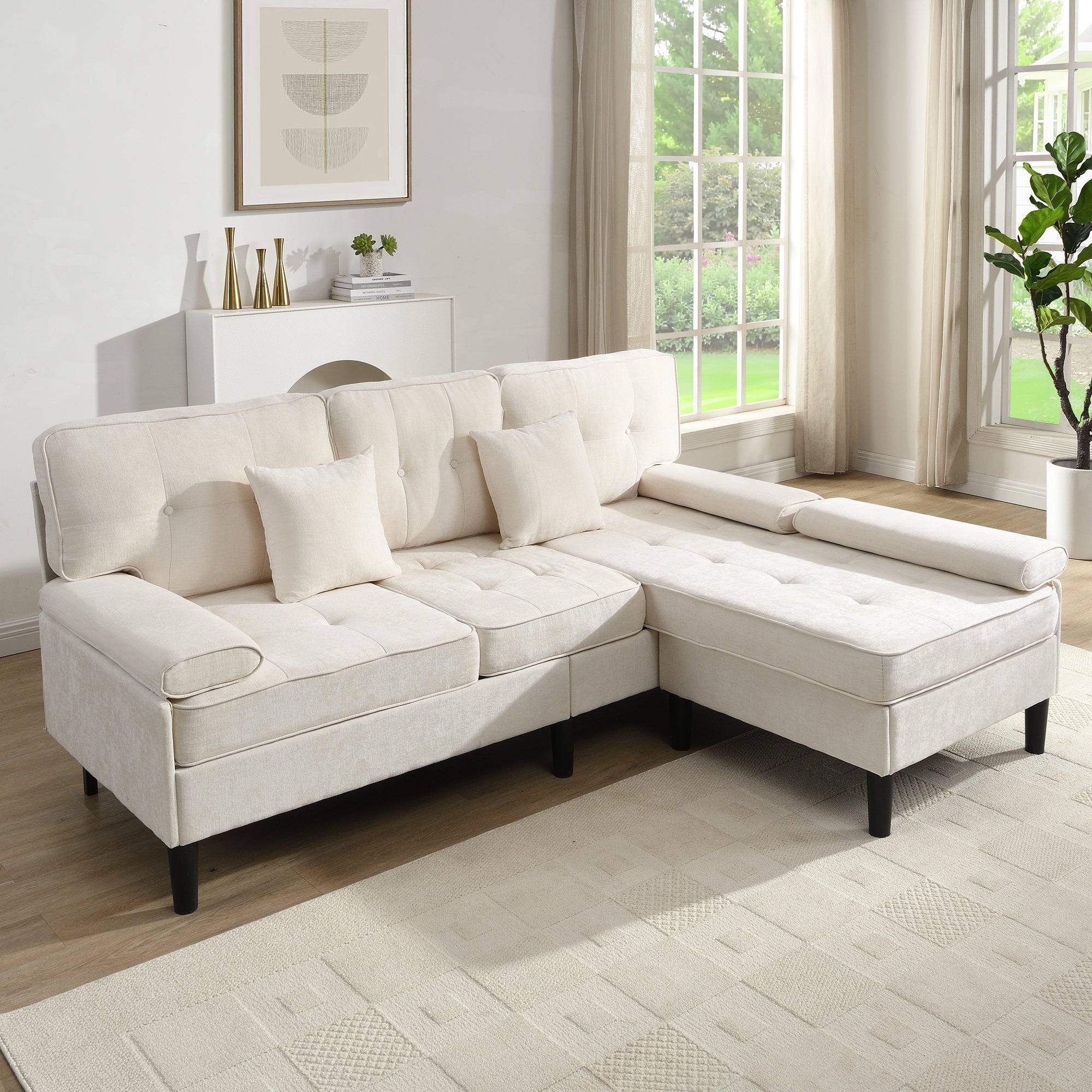 L-Shaped Corner Sofa 3-Seater Sleeper Sofa Bed w/ Chaise & Movable Footrest 195cm - Chenille