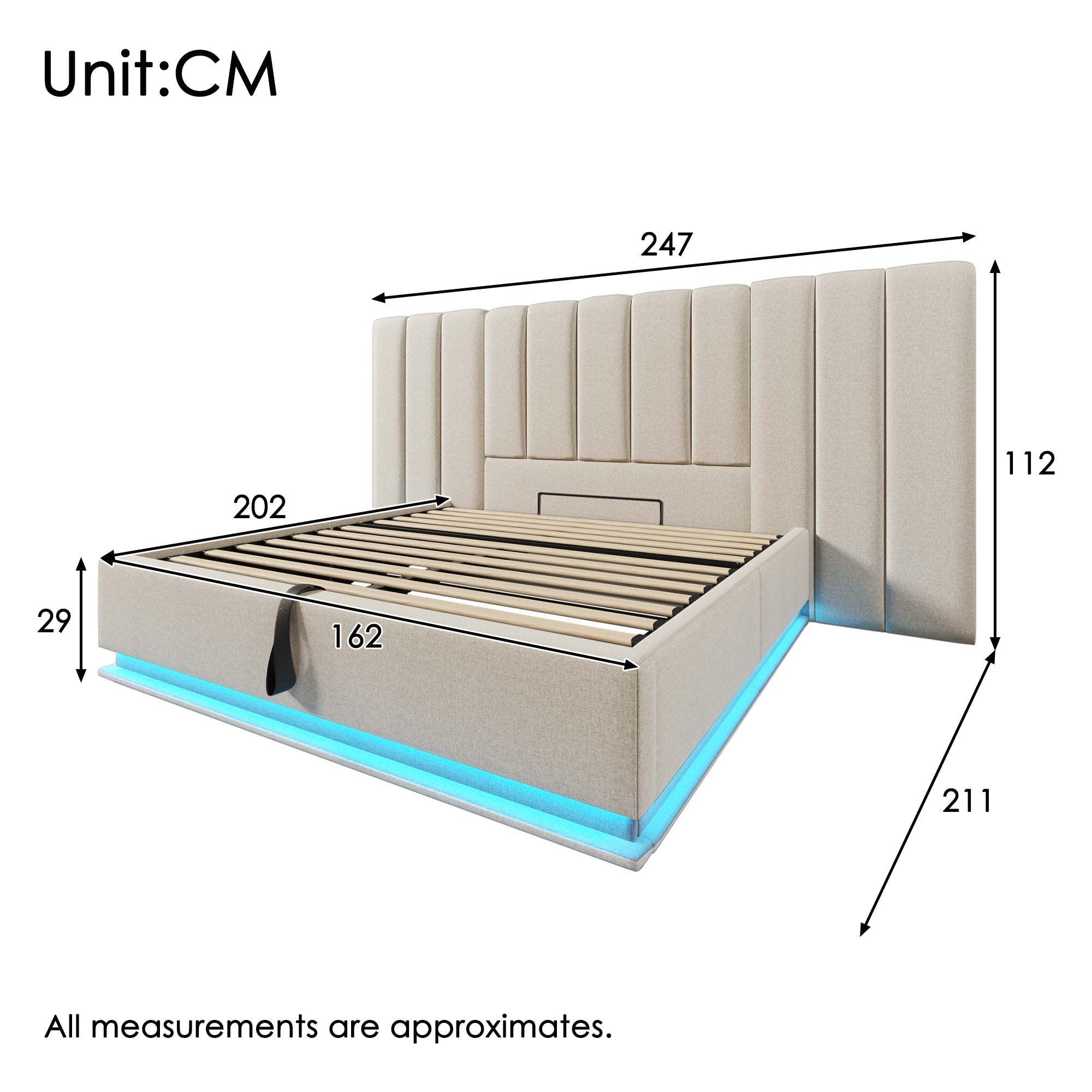 Upholstered Bed 160x200 Storage LED USB-C Slatted Base, Linen Beige