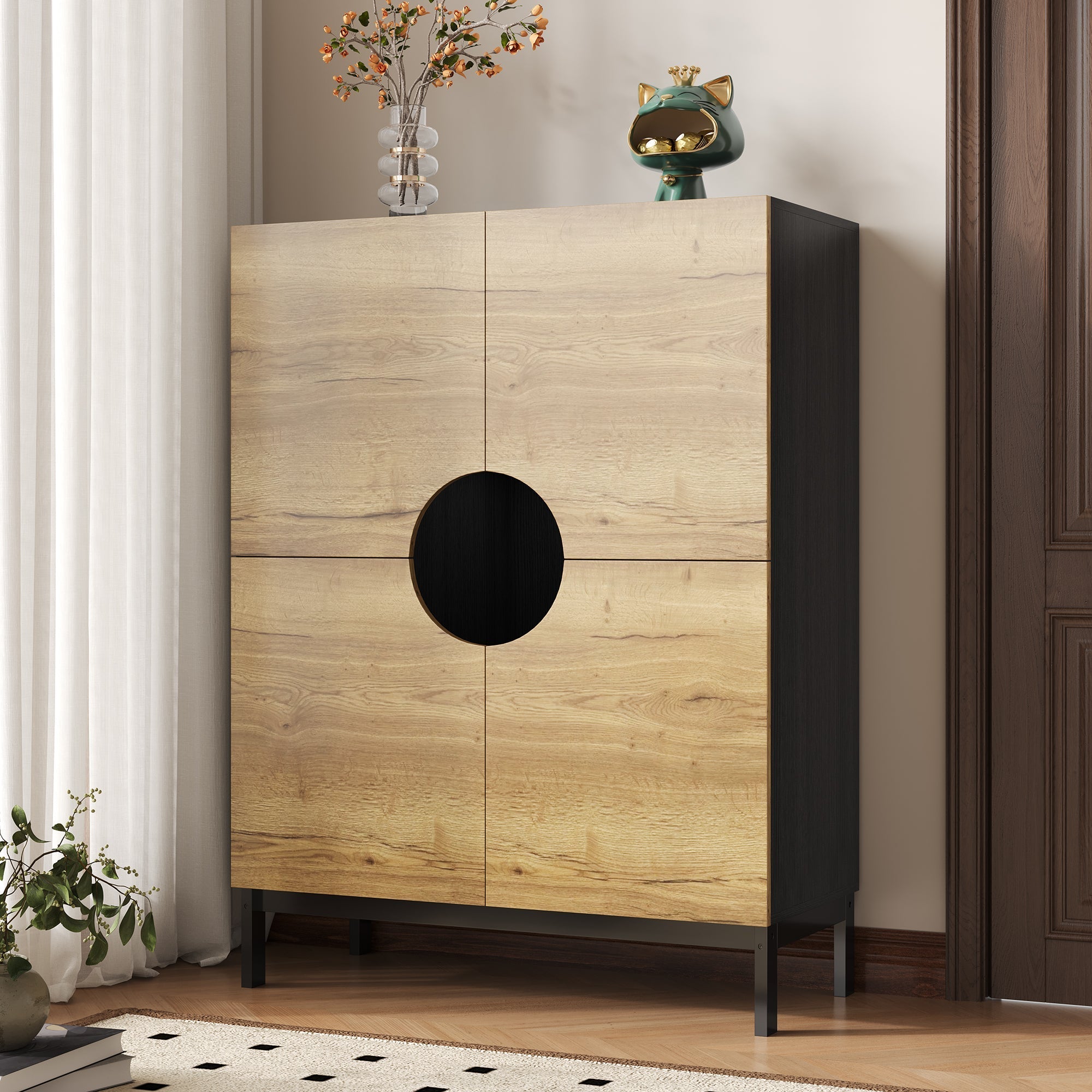 Shoe Cabinet & Display Cabinet 2-in-1, Adjustable Shelves, Solid Wood Legs, Wood Color