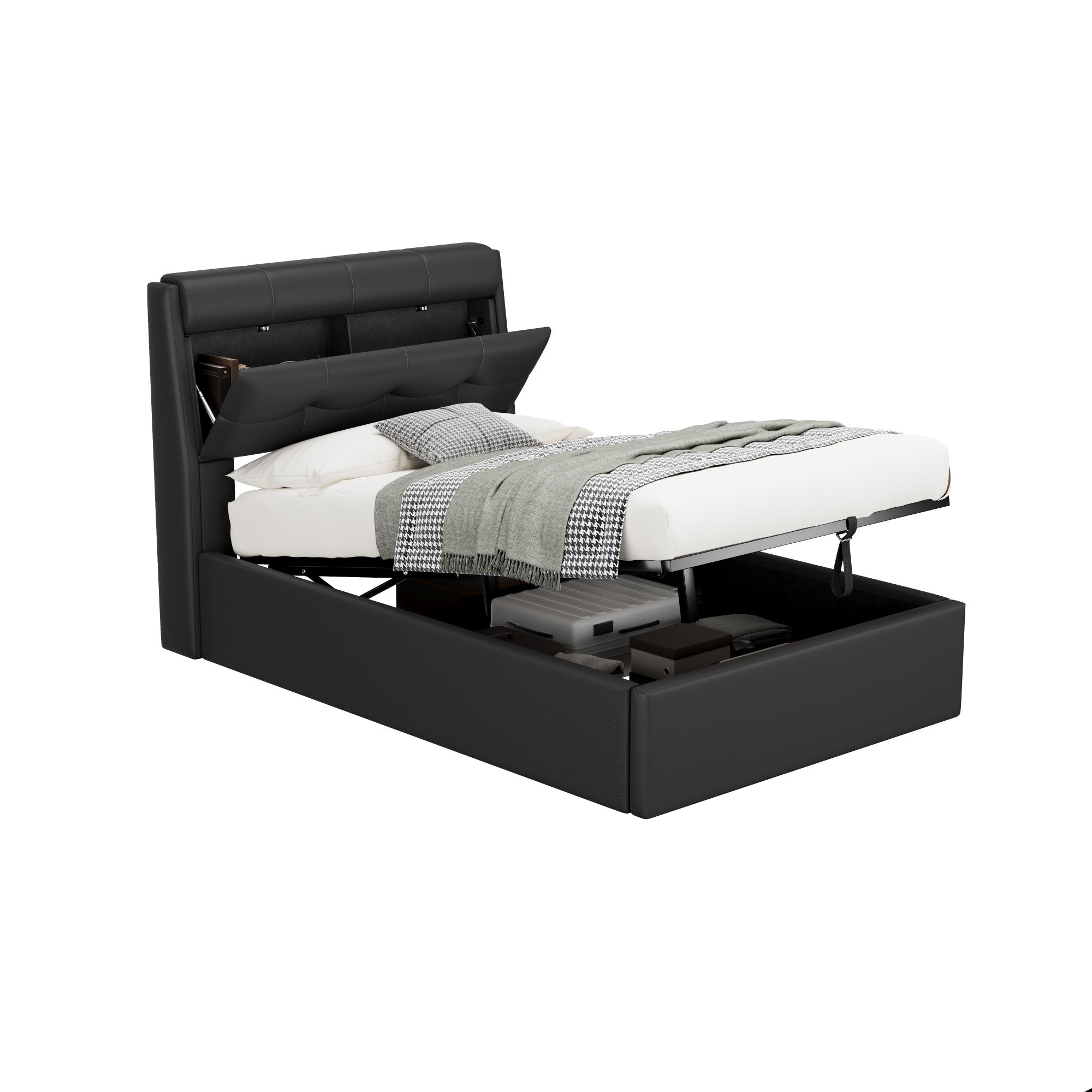 Upholstered Bed 90x200 Hydraulic Storage Concealed Headboard - PU Black