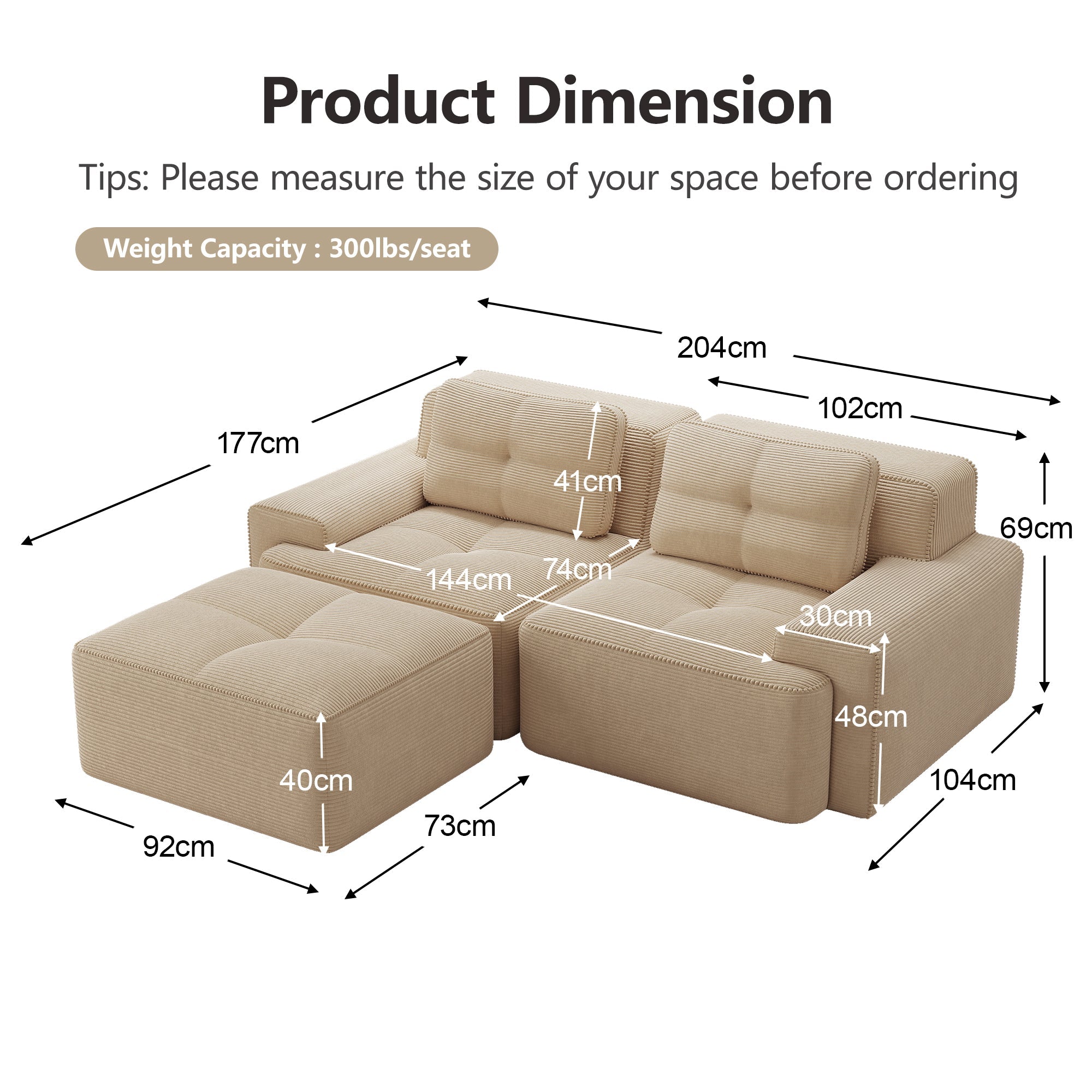 Boneless Modular Sofa L-Shape Deep Seat Sleeper with Ottoman Corduroy Beige