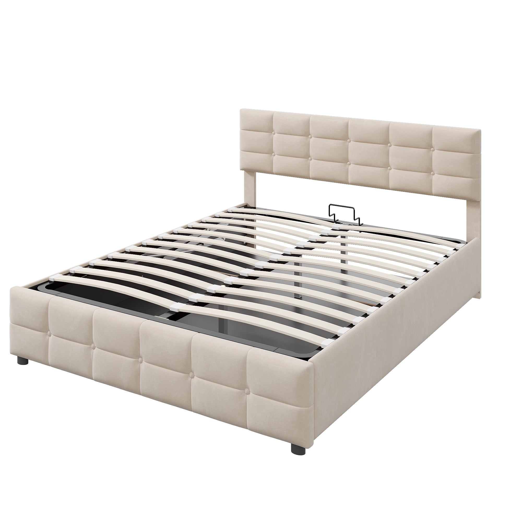 Upholstered Bed 180x200cm Slatted Frame Hydraulic Single Bed, Dutch Velvet Beige