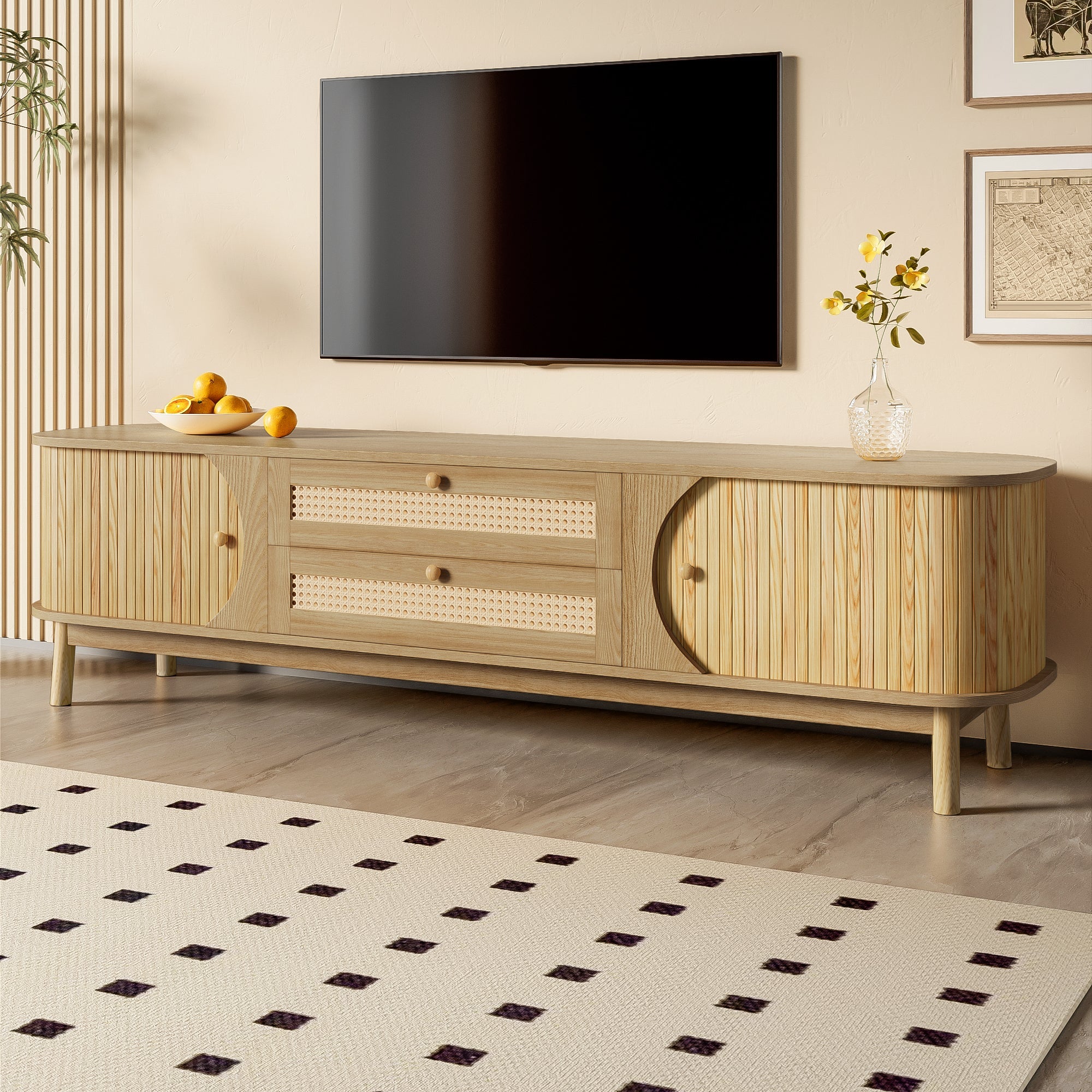 TV Cabinet with Doors, Drawers & Rattan Sides - Natural Wood Blend