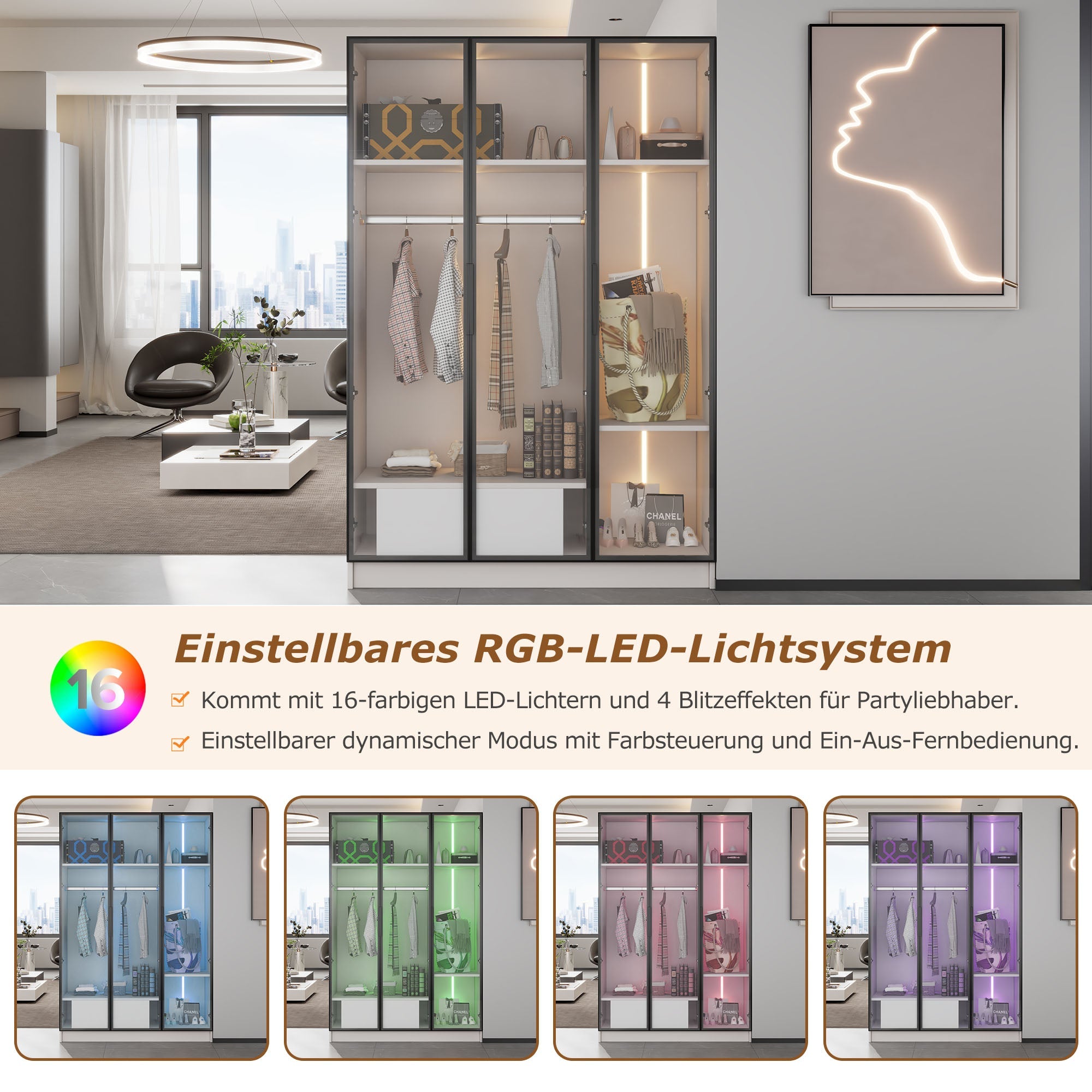 Wardrobe, 3 Glass Doors, 1 Drawer, 1 Clothes Rail, 110x50x160 cm, White with LED Light