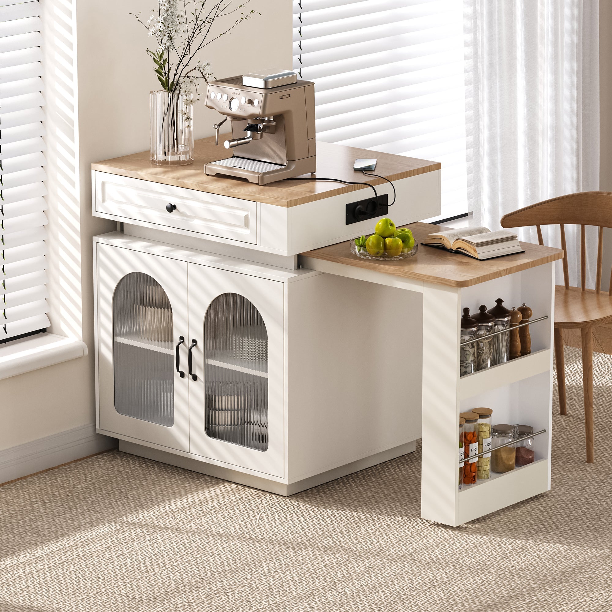 Kitchen Island Extendable Dining Bar Table with Wheels LED Lighting White