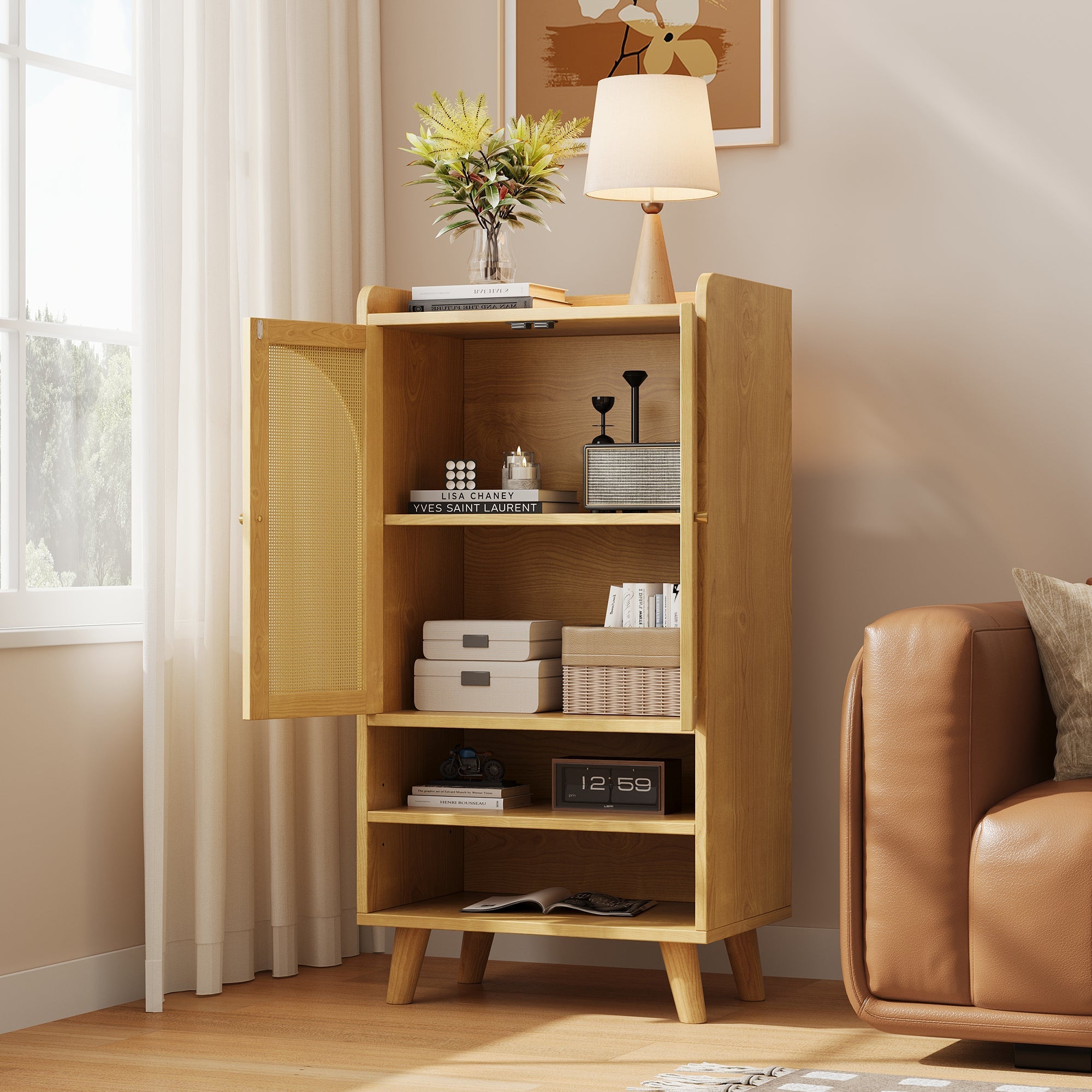 Rattan Sideboard Highboard with 2 Doors and Open Storage Rattan