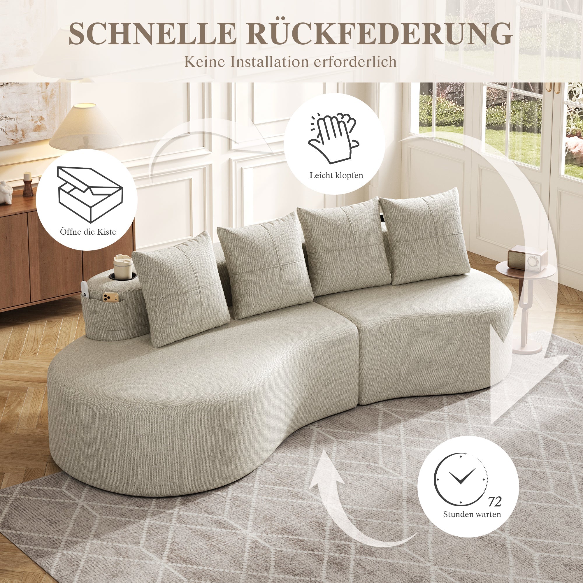 Linen Sofa with 4 Cushions, Cup Holder and Side Pocket, Beige