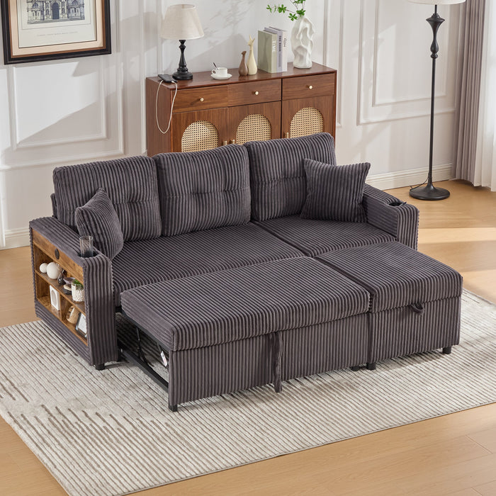 Multifunctional Sofa with Storage & Pull-Out Bed, USB-C, Ambient Light, Corduroy