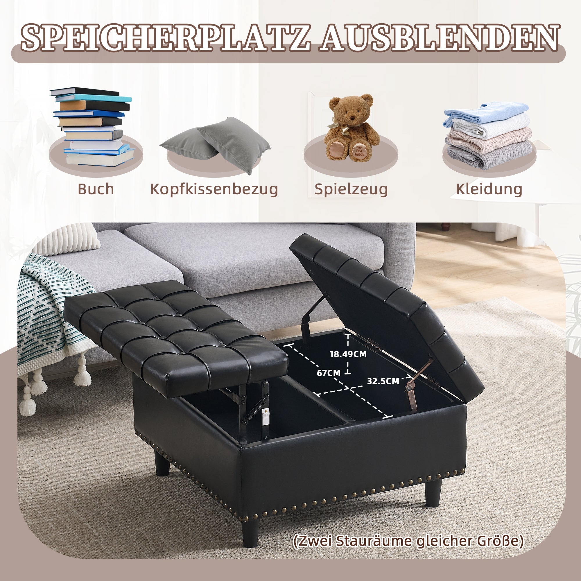 Storage Chair, Large Square Liftable Bench with Space, Black PU