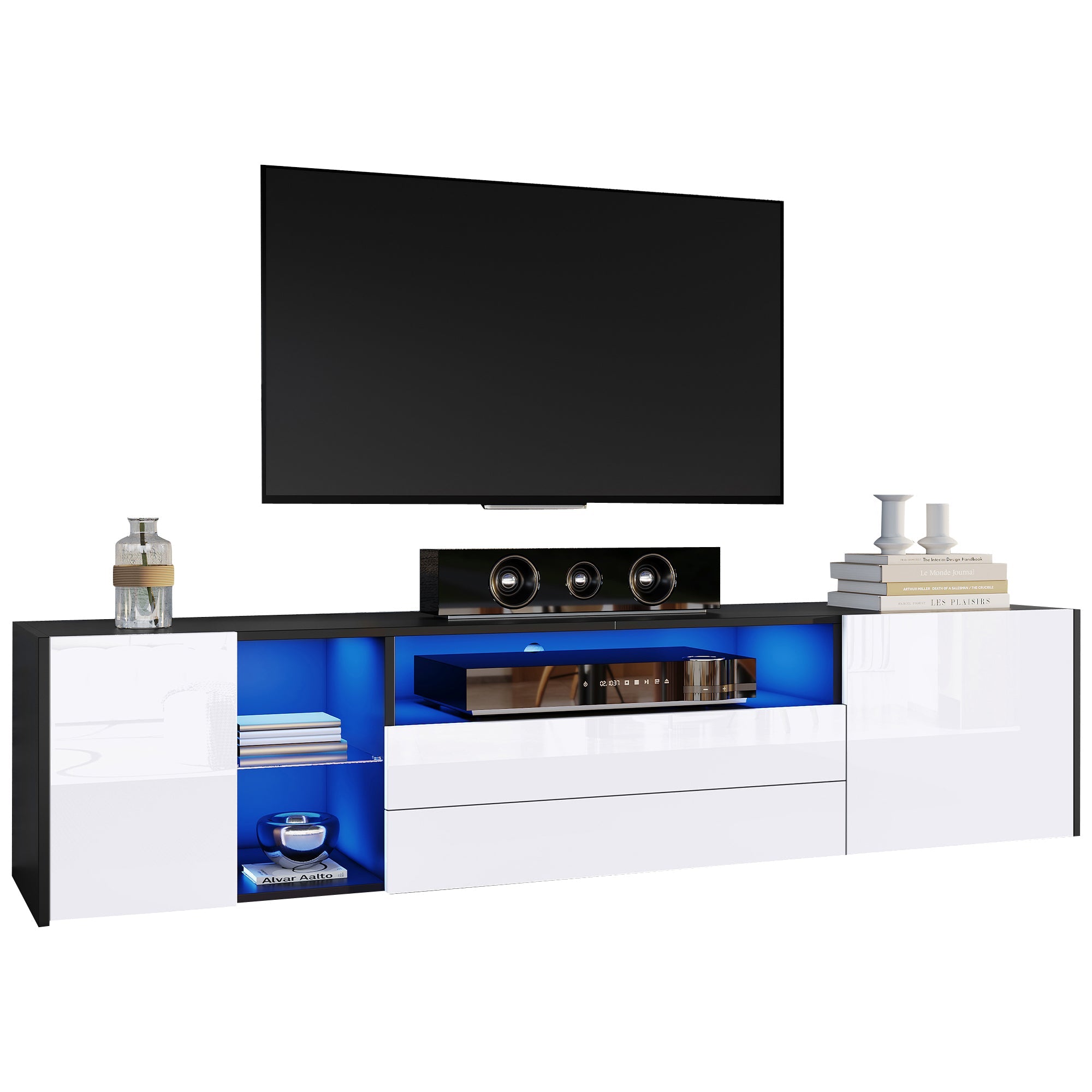 TV Stand Cabinet, 180x40x45cm LED Lowboard with 2 Drawers & 2 Cabinets for 75-inch TVs, Black and White