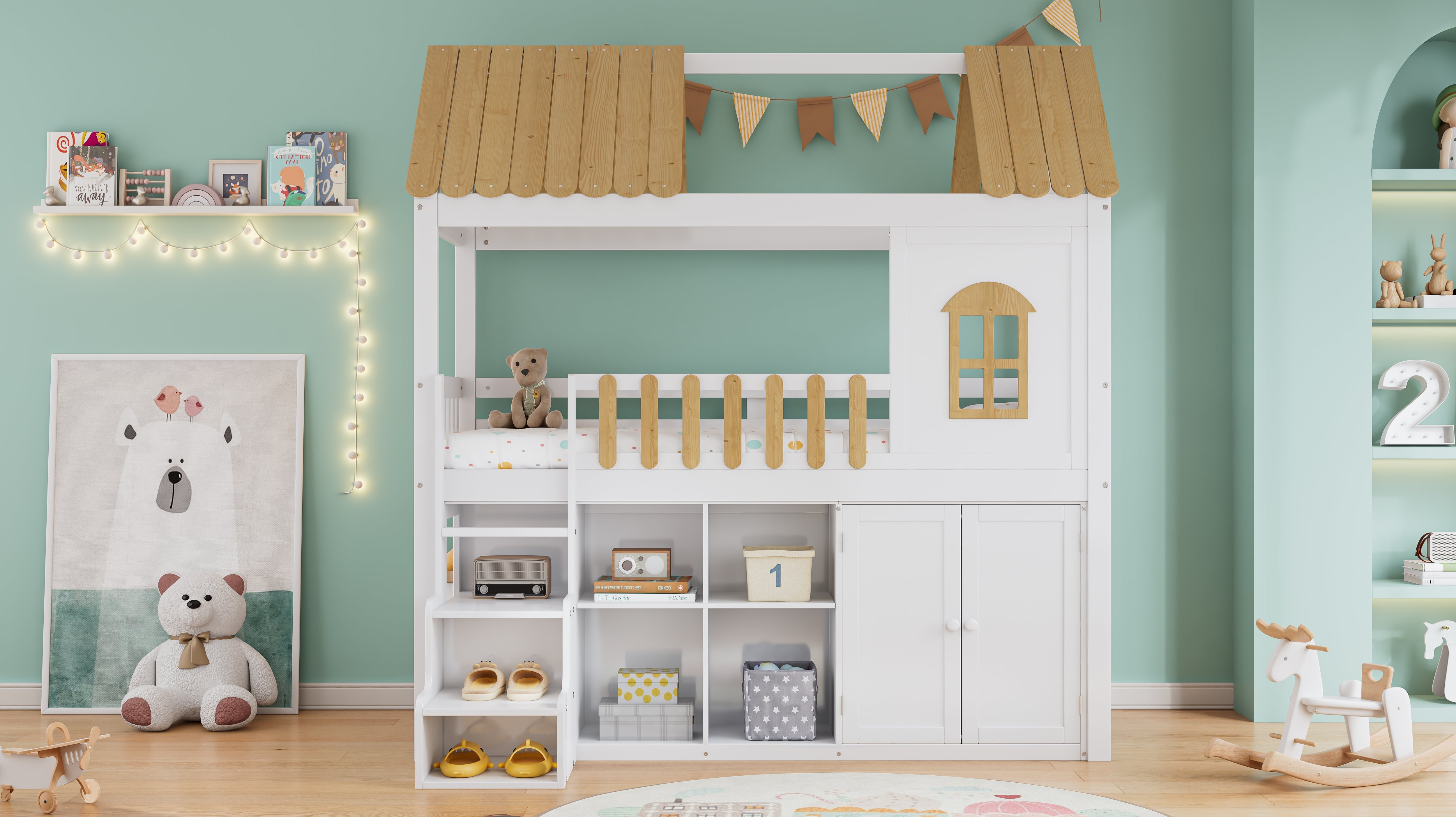 Bunk Bed, Storage, Wardrobe, Shoe Cabinet, Safe Steps, Pine, White & Natural