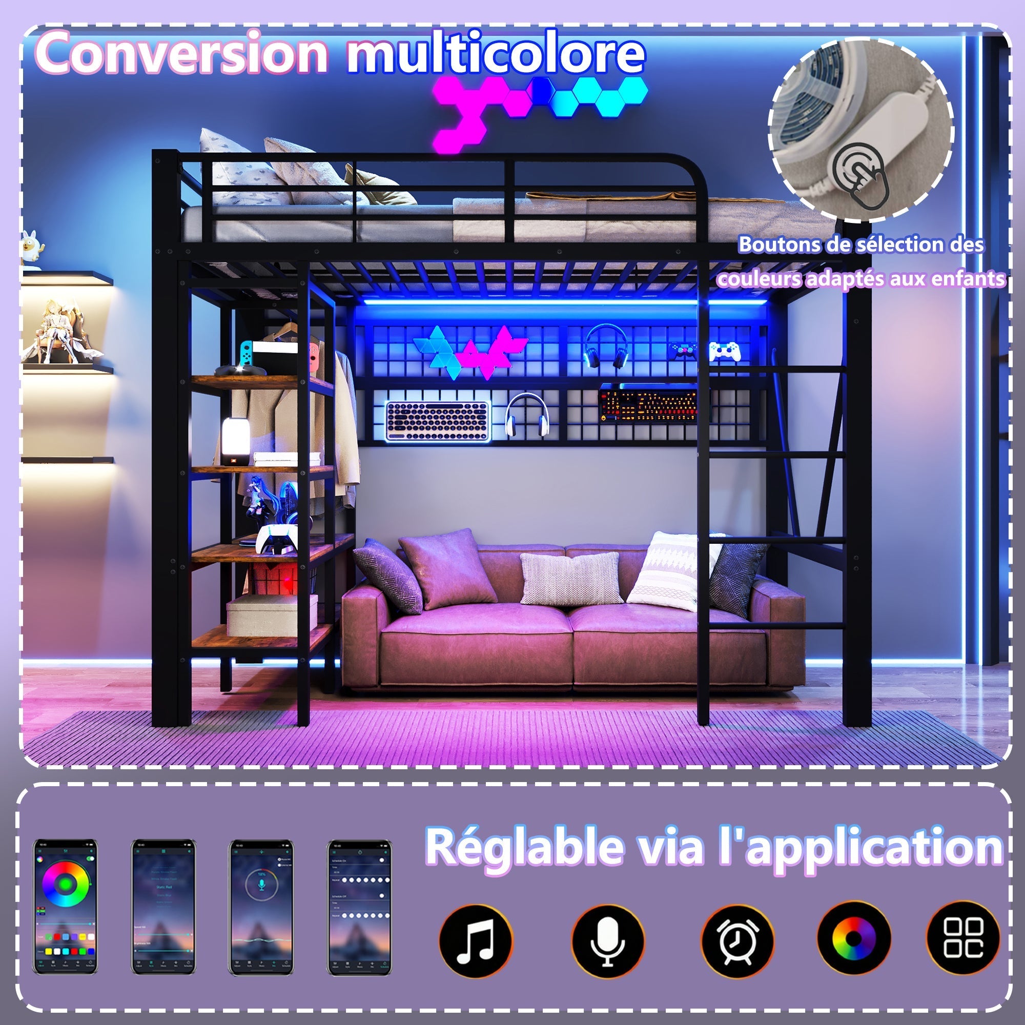 Loft Bed with Storage Shelves, Clothes Rail and LED Light Strip, Black Metal