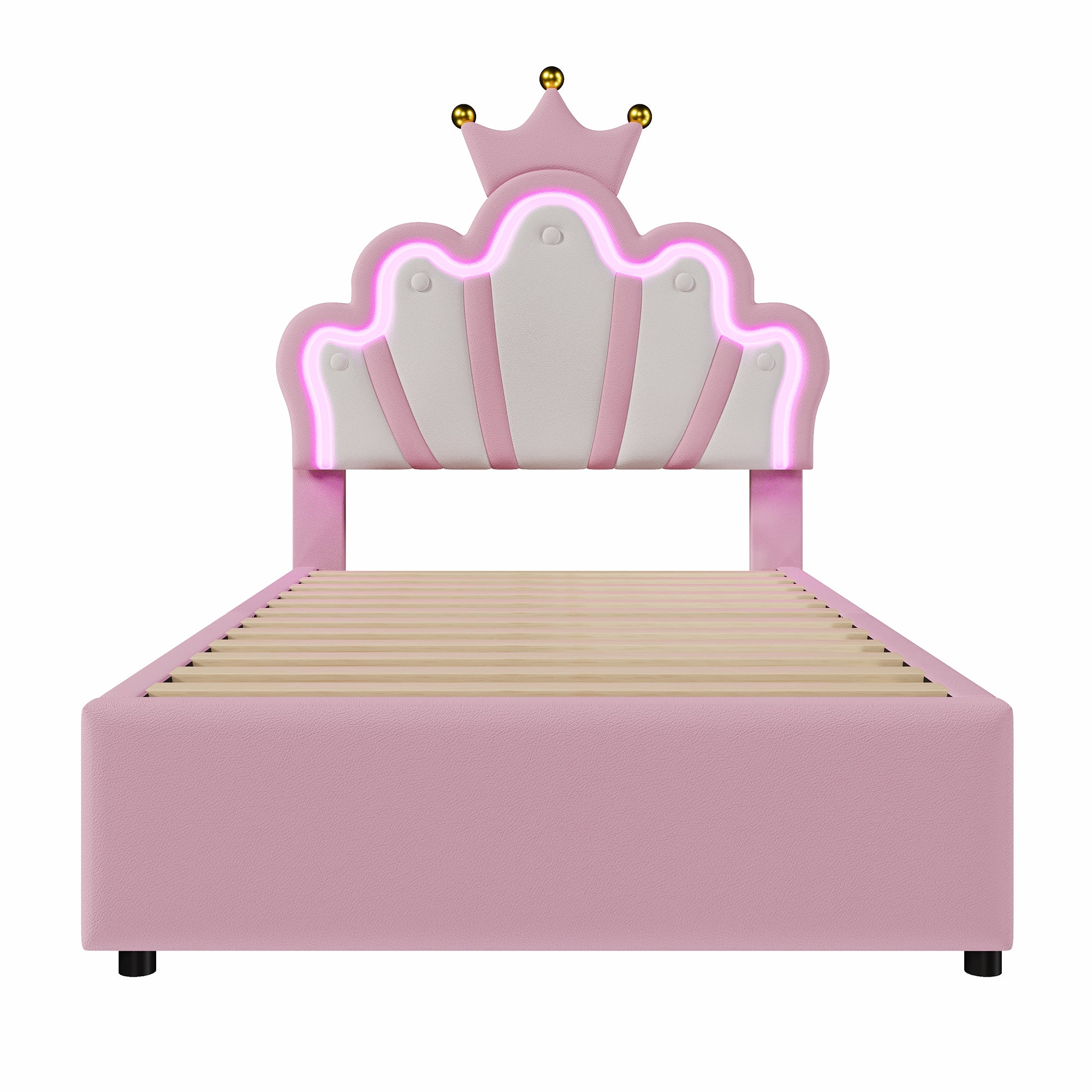 Upholstered Bed 90x200cm Crown Headboard Ambient Light 2 Drawers - Pink PU