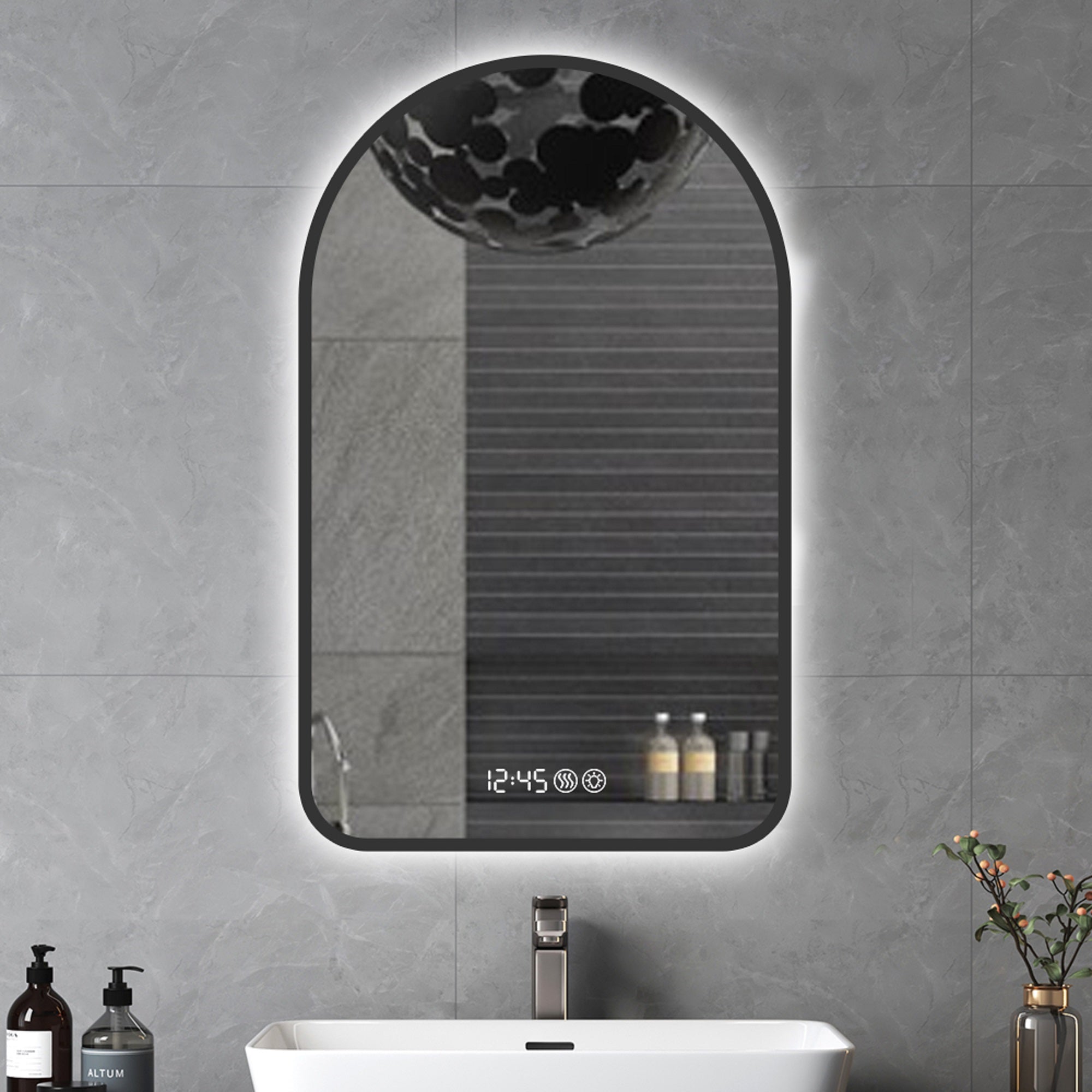 Arched LED Bathroom Mirror, 70x120cm, Anti-Fog, Dimmable, Time/Temp Display, Black Frame