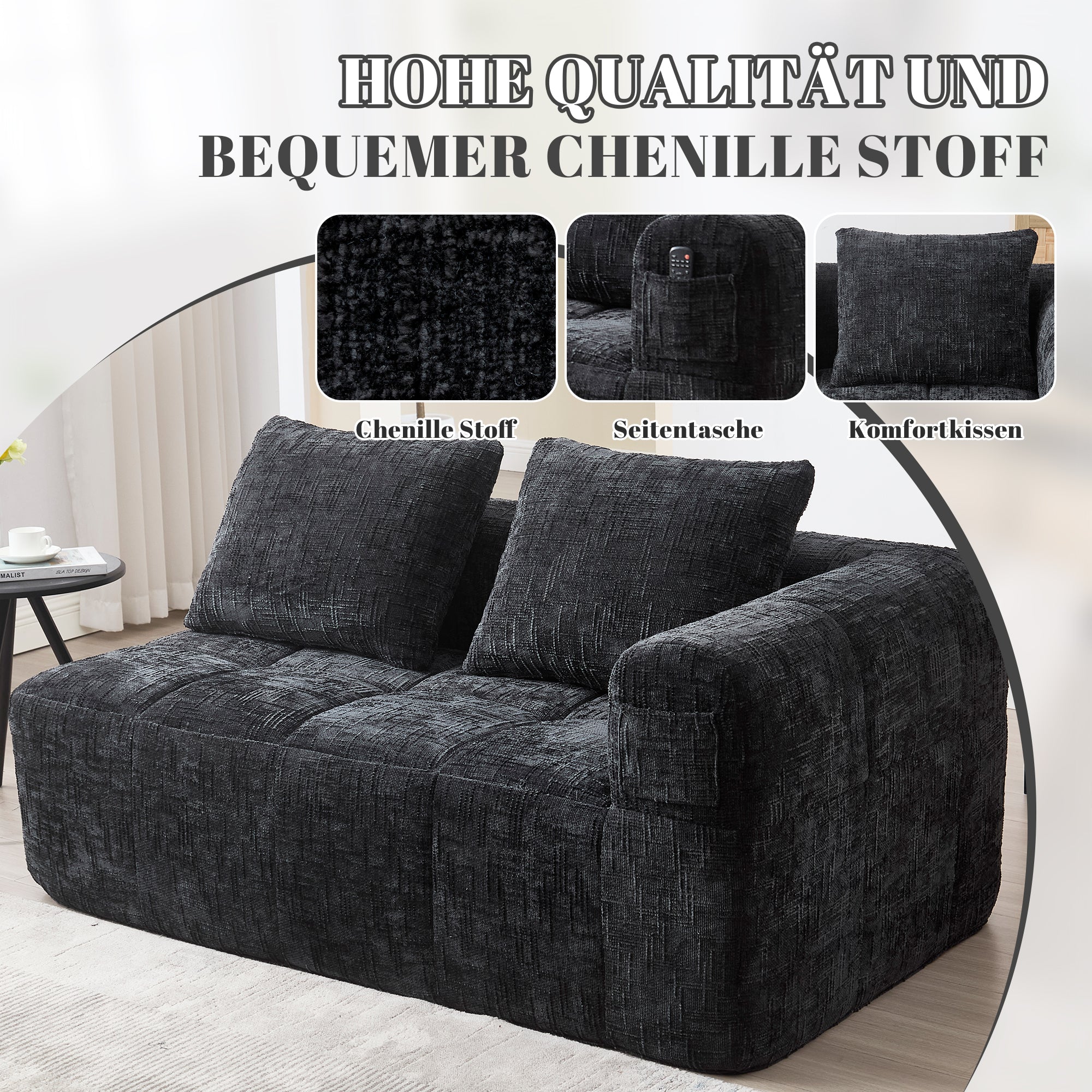 Sofa 2-Person Plush Cushion Side Pockets, No Assembly, Black