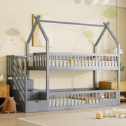 Bunk Bed, 90x200 Children's Single with Roof, Ladder & Storage Drawers, Solid Wood Gray