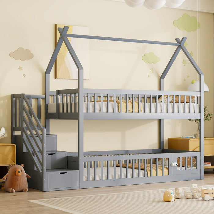 Bunk Bed, 90x200 Children's Single with Roof, Ladder & Storage Drawers, Solid Wood Gray