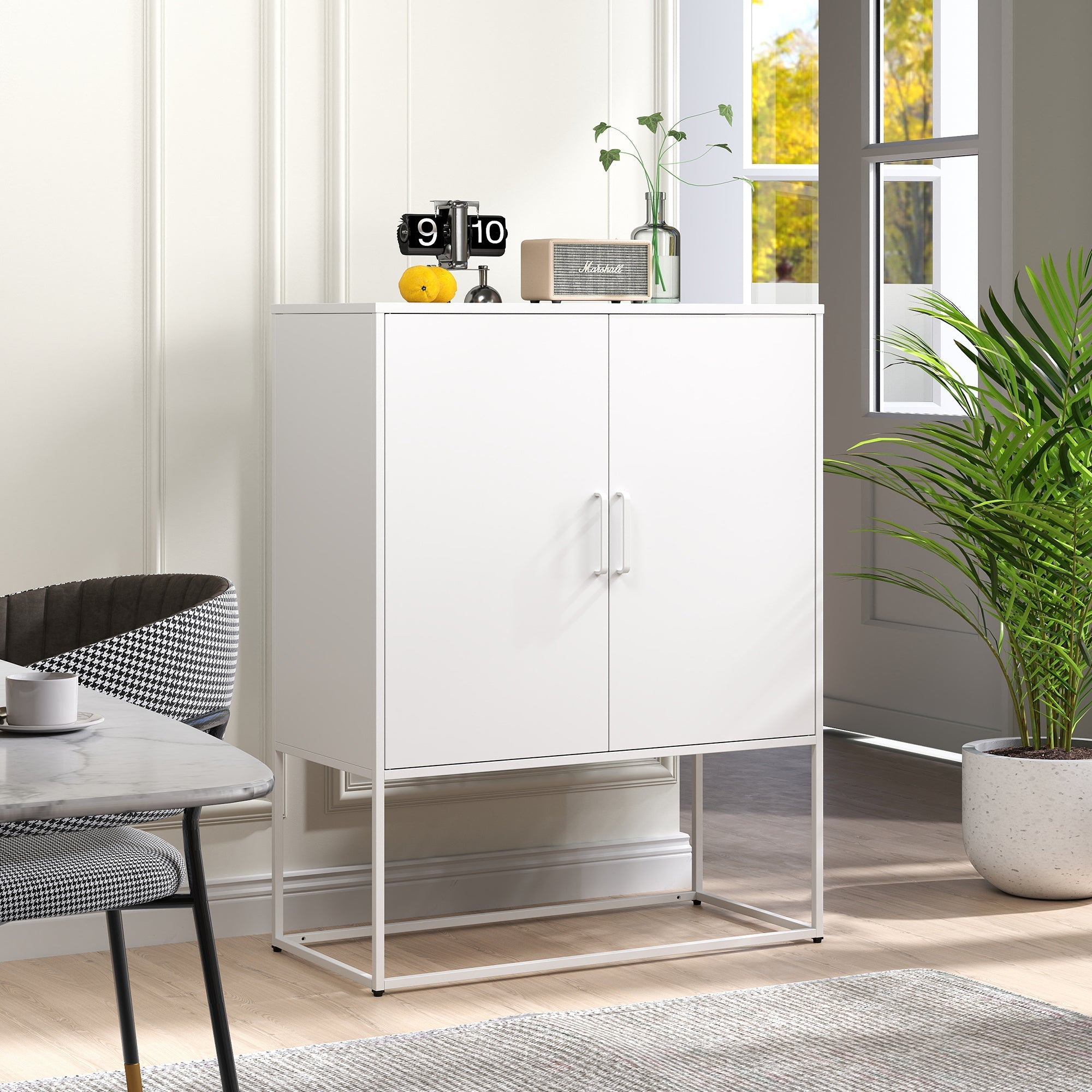 Metal Sideboard 2 Shelves Magnetic Doors Freestanding - White