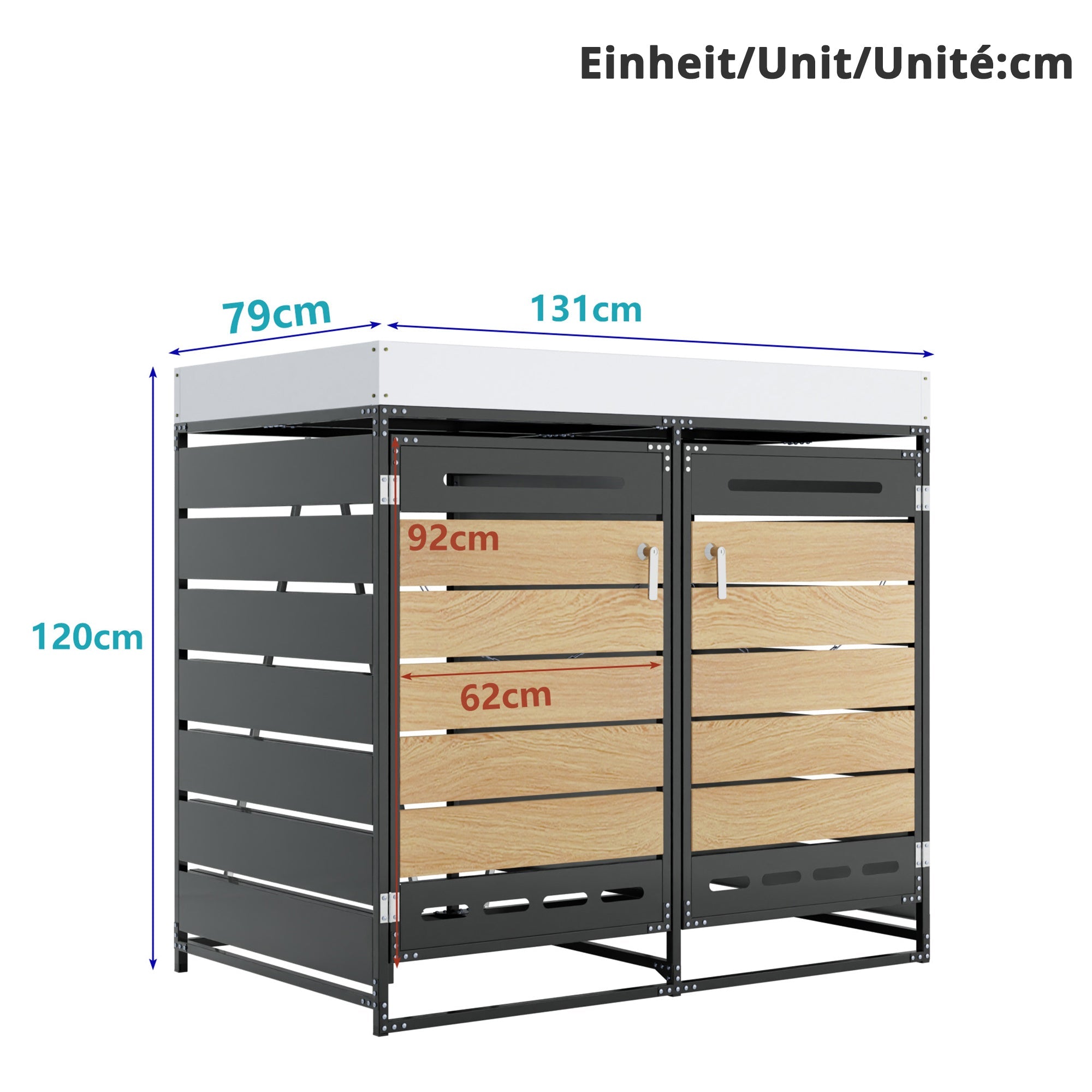 Garden Bin Storage with Planter Box, Slotted Ventilation and Lockable Door, Iron with Wood-Look Slats