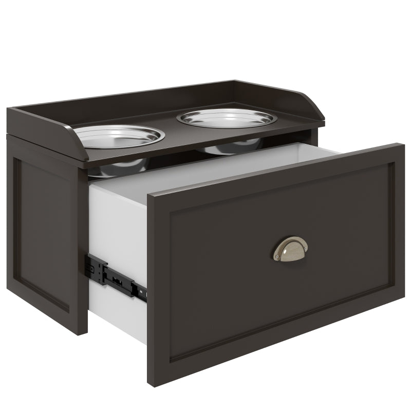 Raised Feeding Station, 2 Bowls 1 Storage, Brown