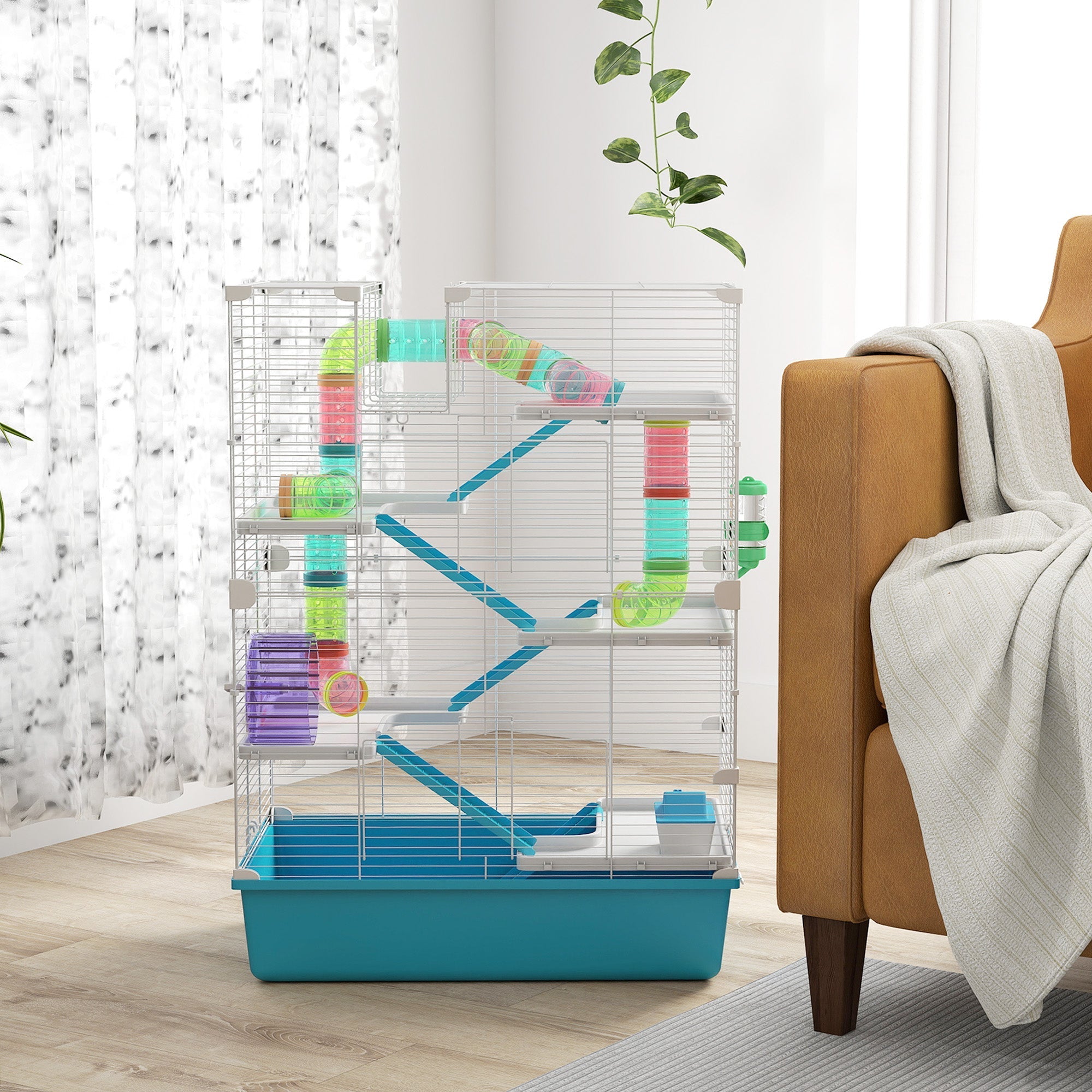 Hamster Cage, 6-Story with Tubes Tunnels Wheel Ramps, Light Blue