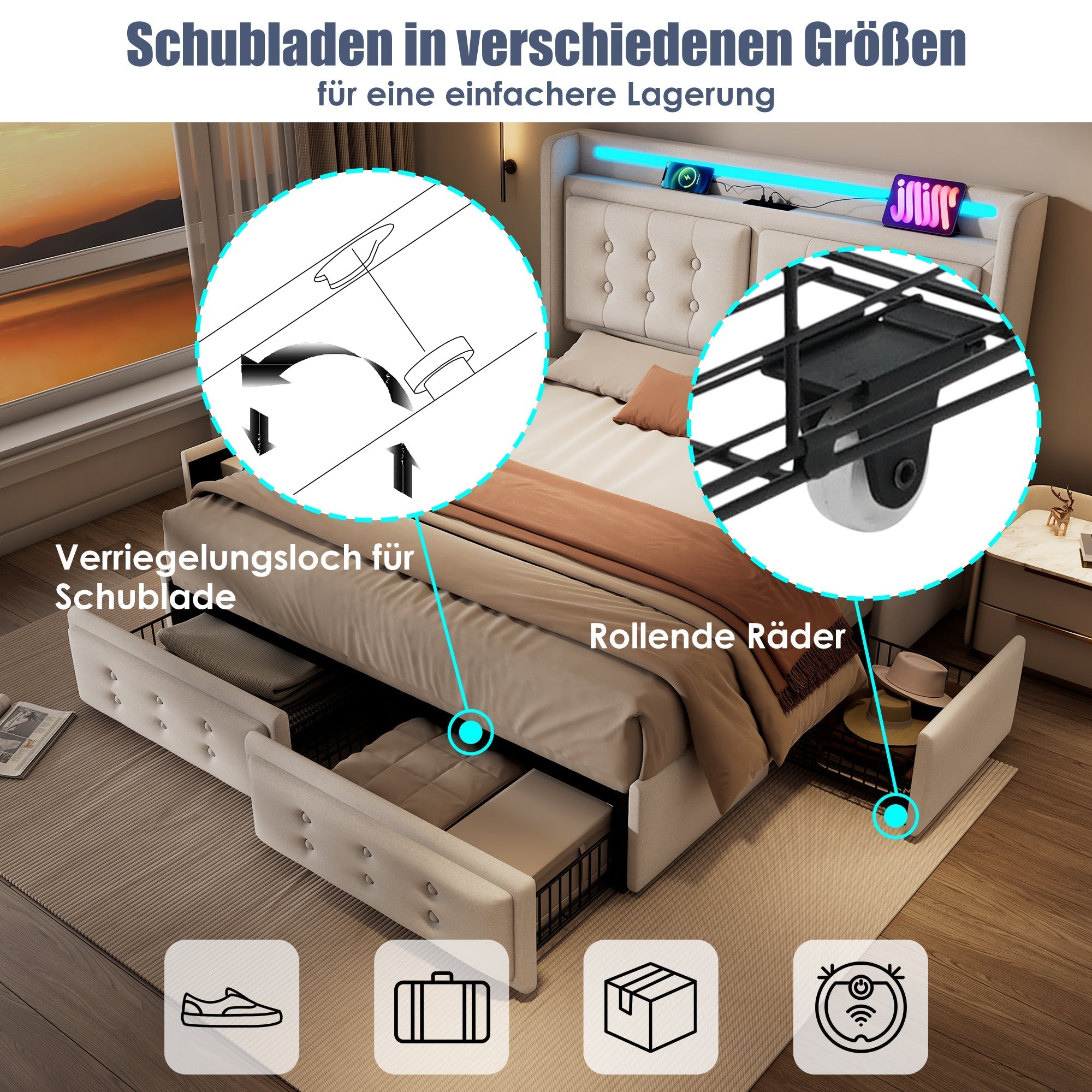 Upholstered Bed 160x200, Double with LED Headboard, USB-C Charging & 4 Drawers, Beige Cotton