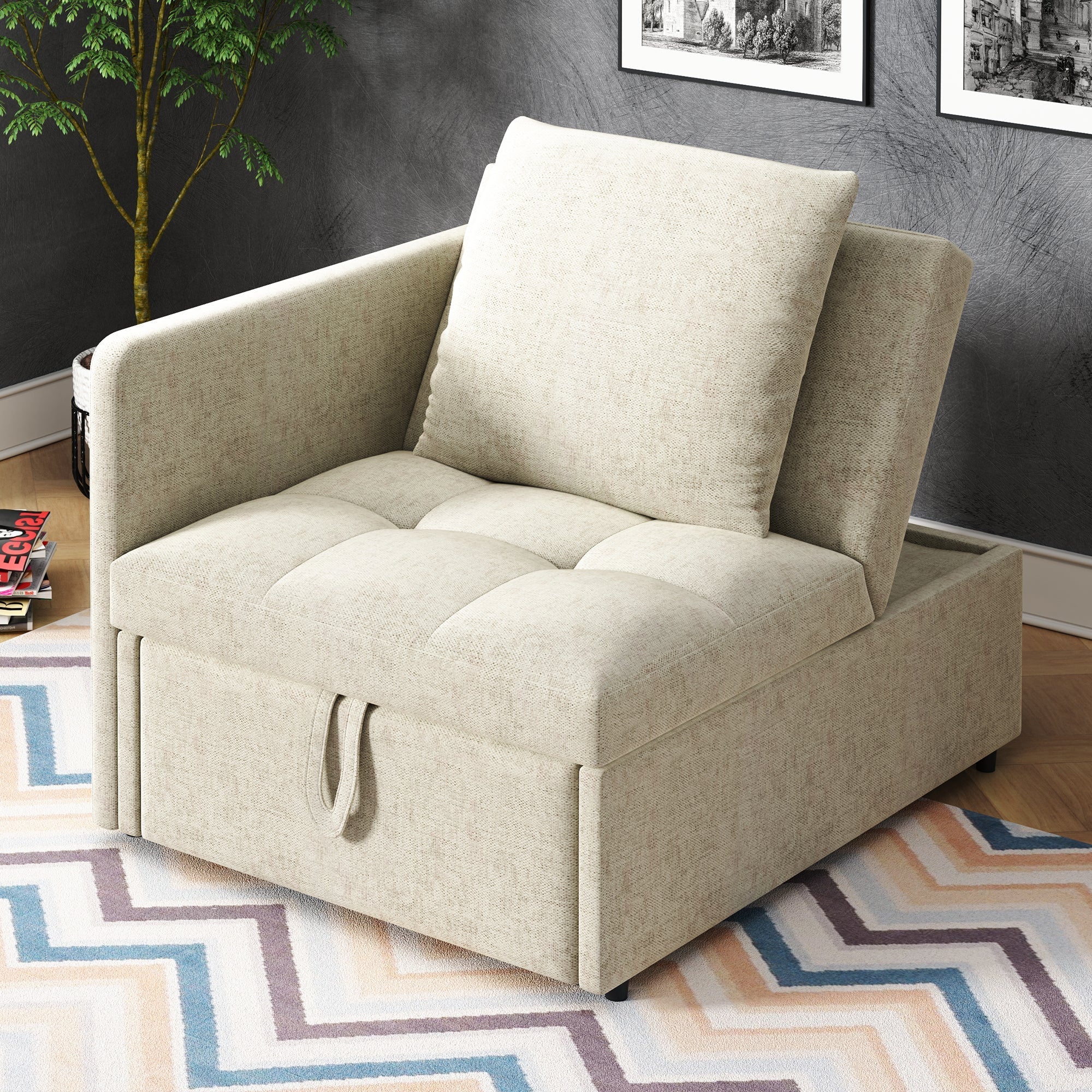 3-in-1 Multifunctional Sofa Bed, Space-Saving Sleeper with Linen Fabric, Grey/Beige