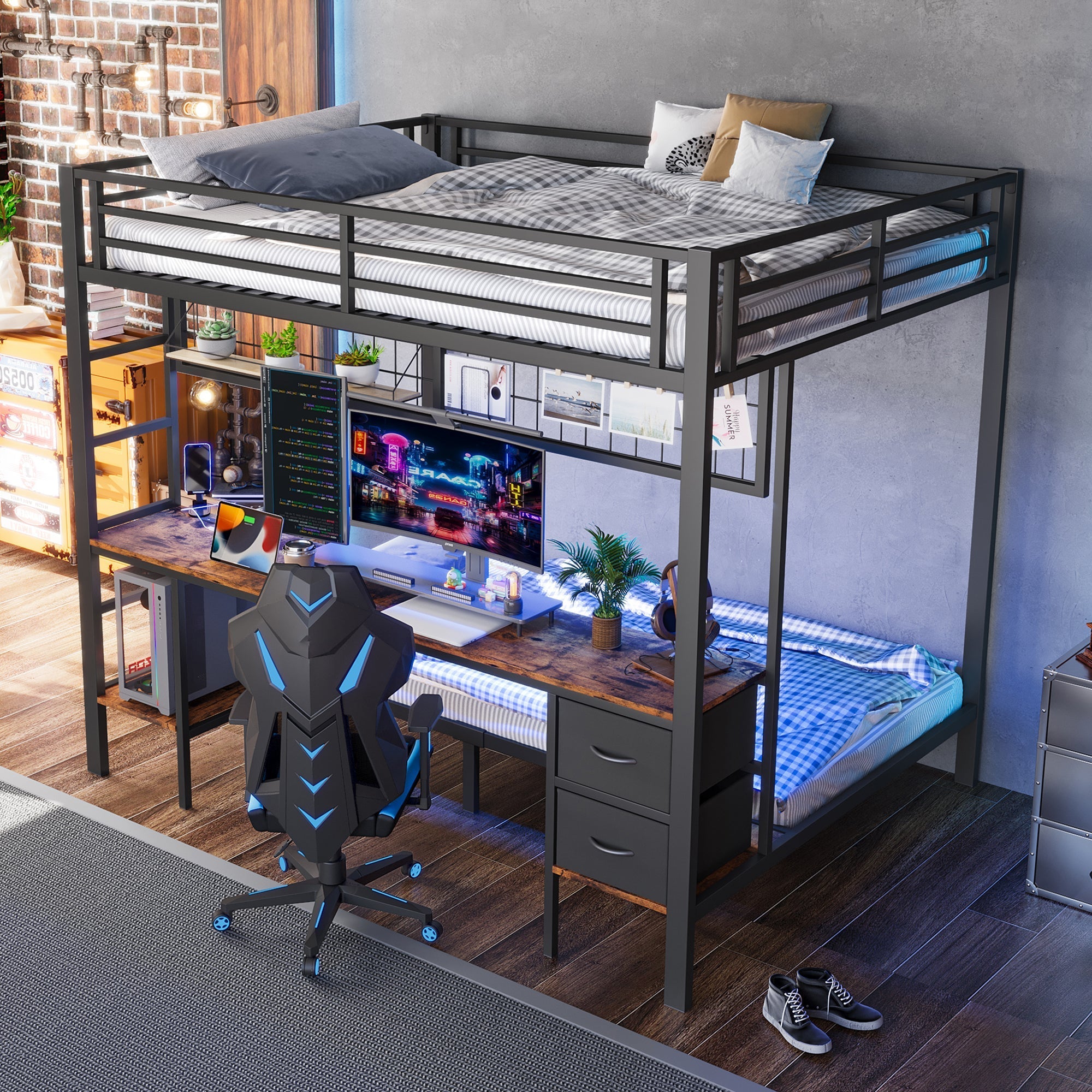Loft Bed 90x200/140x200 Iron Frame Drawers Desk Storage LED USB Black