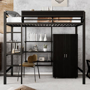 Iron Bunk Bed with Table, Wardrobe, Storage, 5-Step Ladder, 90x200cm - Black Iron/Chipboard