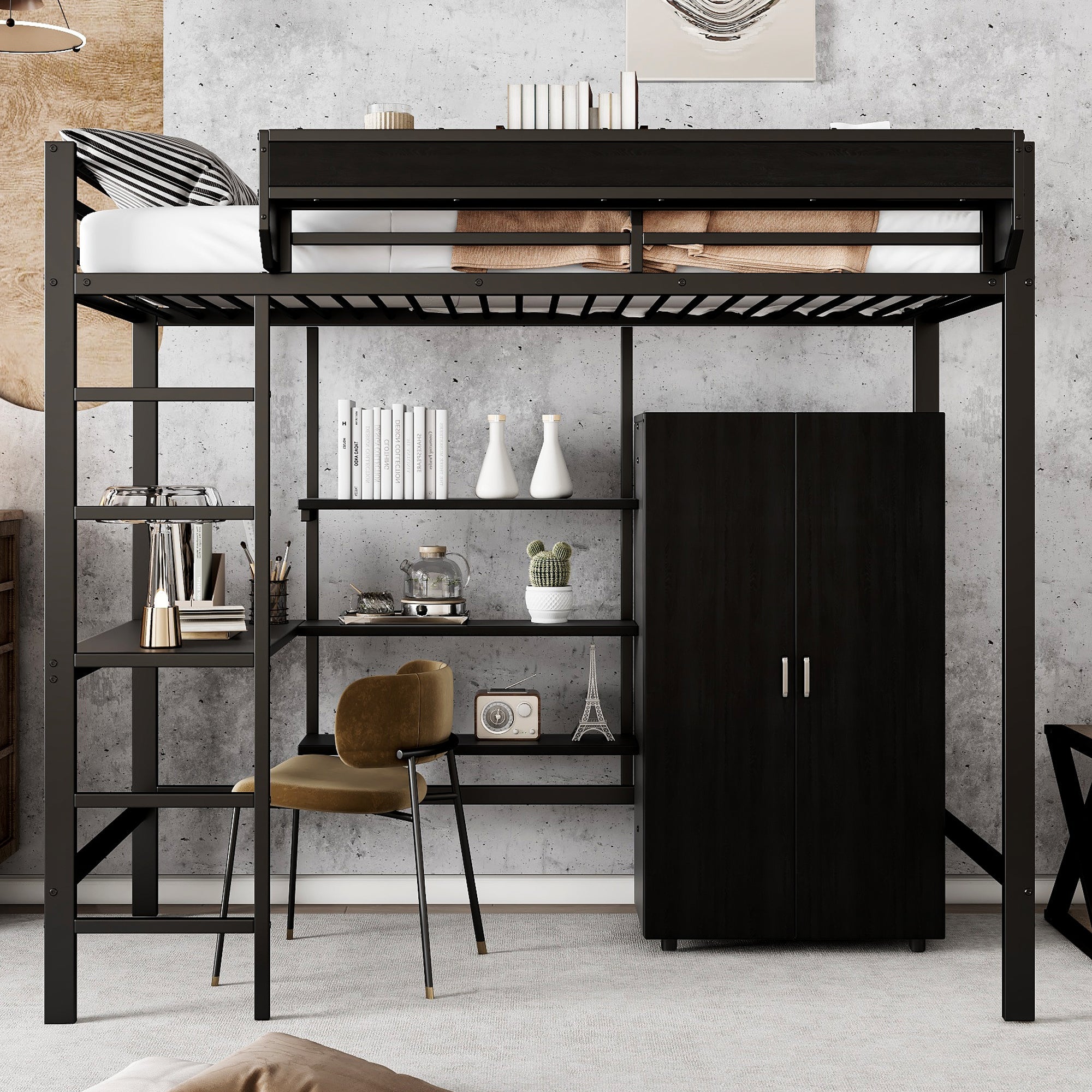Iron Bunk Bed with Table, Wardrobe, Storage, 5-Step Ladder, 90x200cm - Black Iron/Chipboard