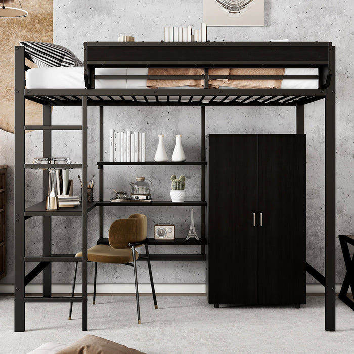 Iron Bunk Bed with Table, Wardrobe, Storage, 5-Step Ladder, 90x200cm - Black Iron/Chipboard
