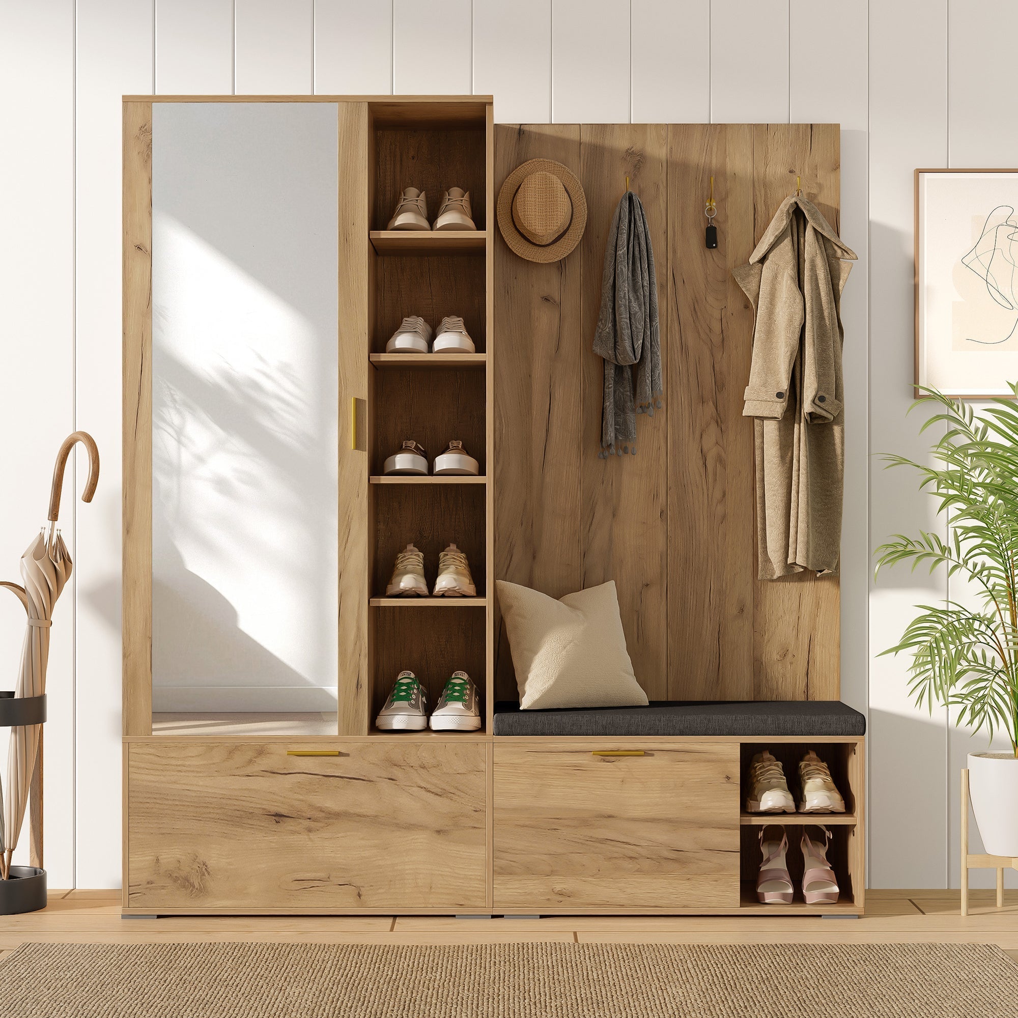 Wardrobe Set with Mirror, Shoe Bench and Coat Rack, Wood Color