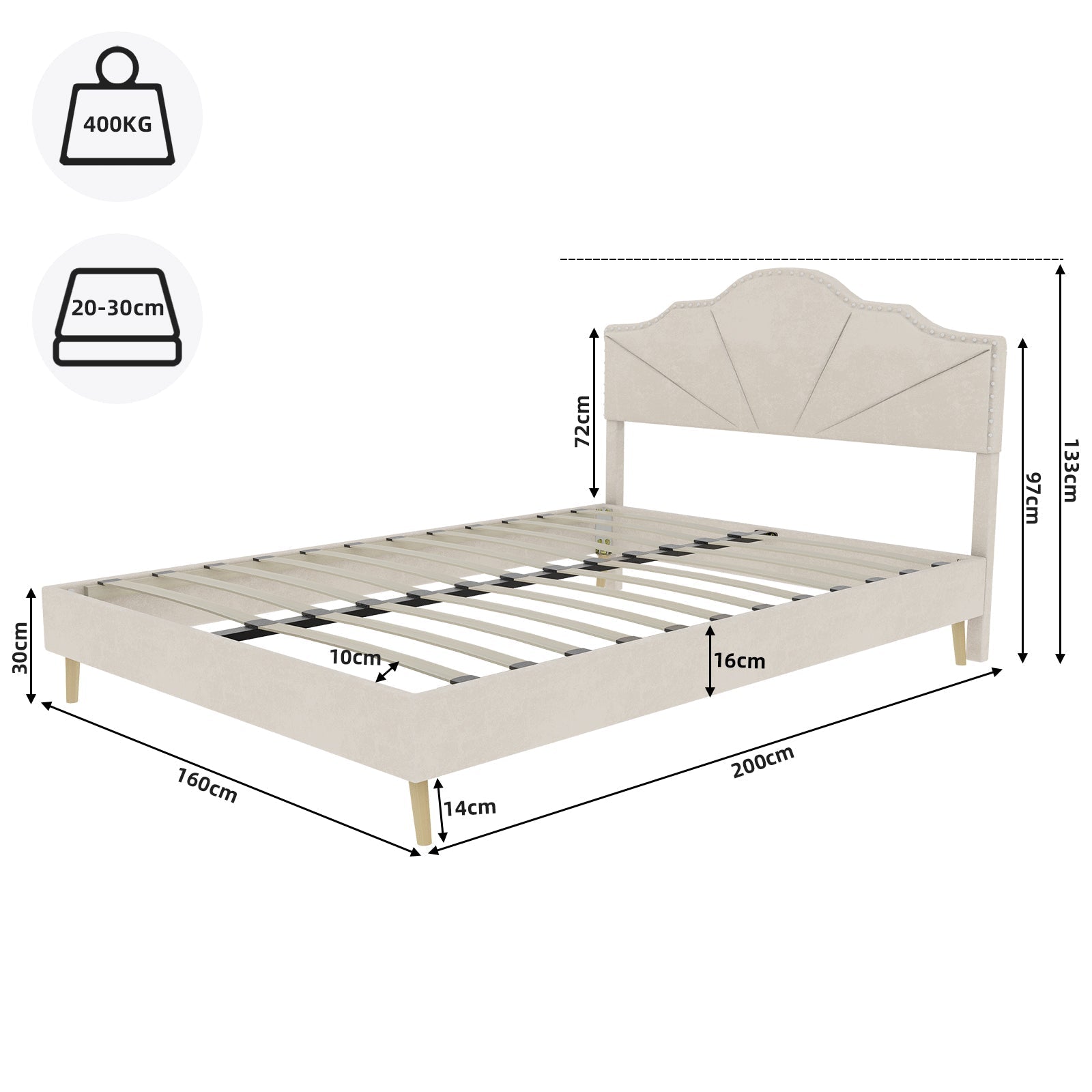Modern Minimalist Soft Bed, Comfortable Soft Headboard 160x200cm Low Box, Beige