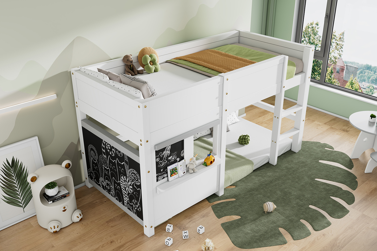 Household Bunk Bed with Two Boards & Small Shelf, 90x190cm, White