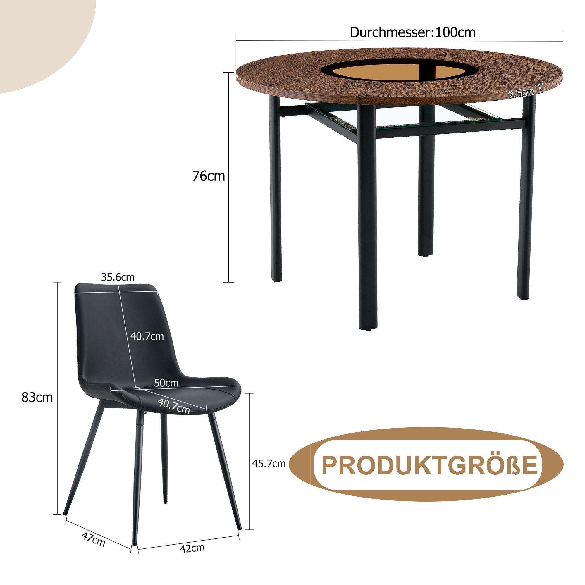 Round Dining Set 100cm Integrated Storage 4 Chairs - Brown Wood Look/Black PU