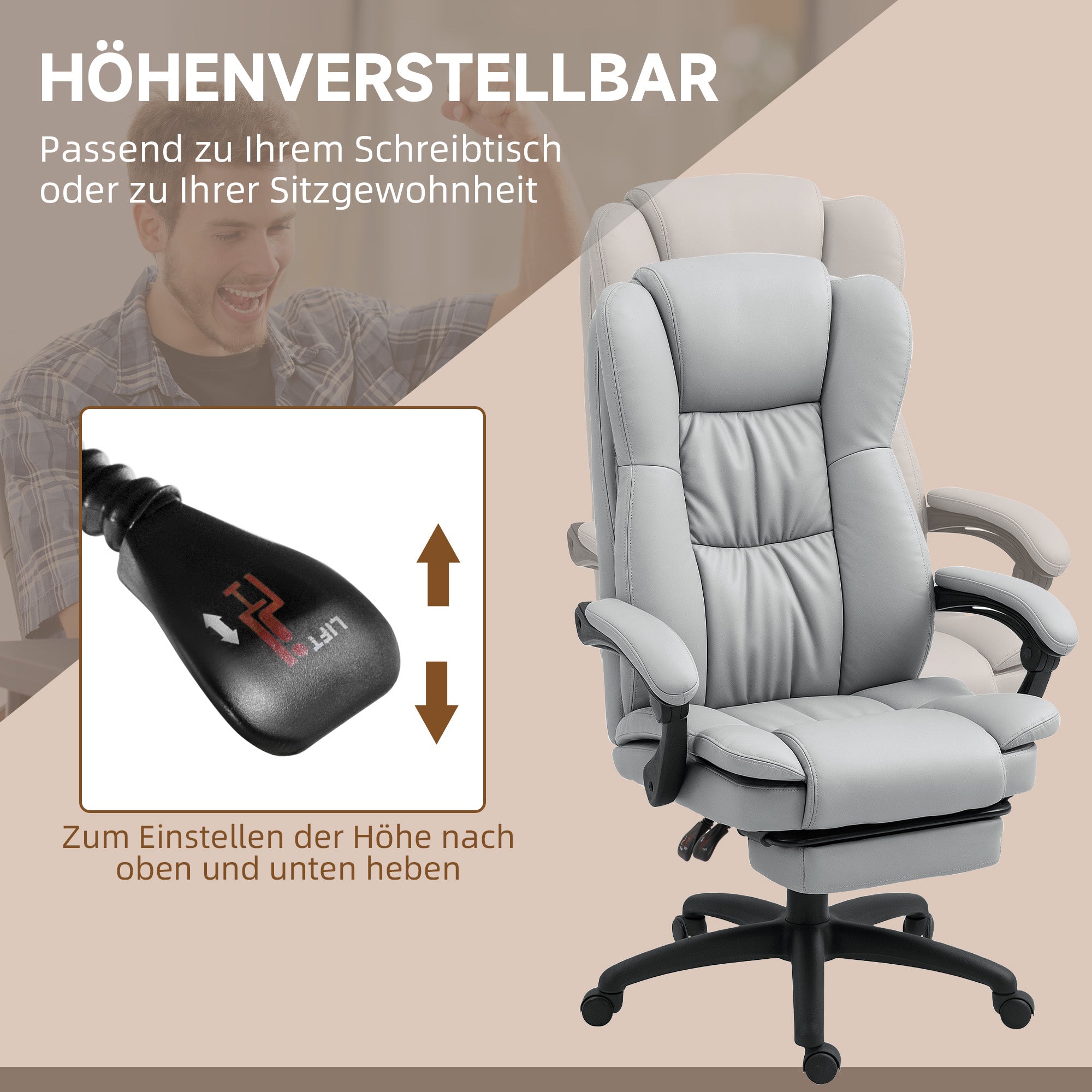Vinsetto Office Chair, Massage, Reclining, Height-Adjustable, Swivel, Footrest, Faux Leather, Light Grey