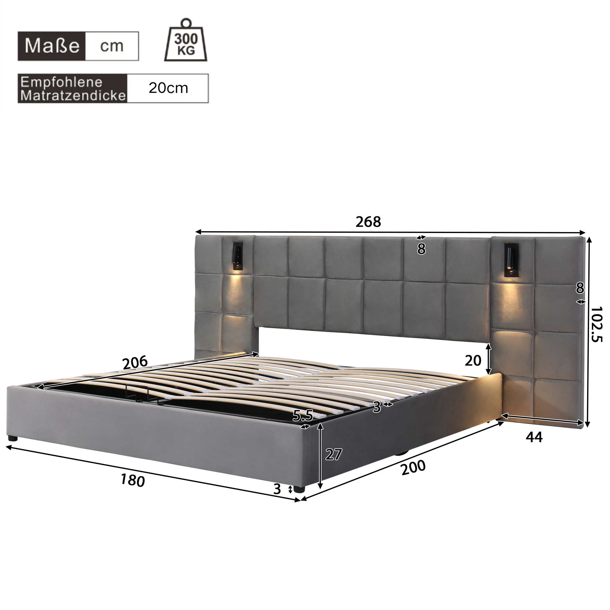 Upholstered Bed with Hydraulic Storage, Lamp and USB Charging, 180x200cm, Grey Velvet