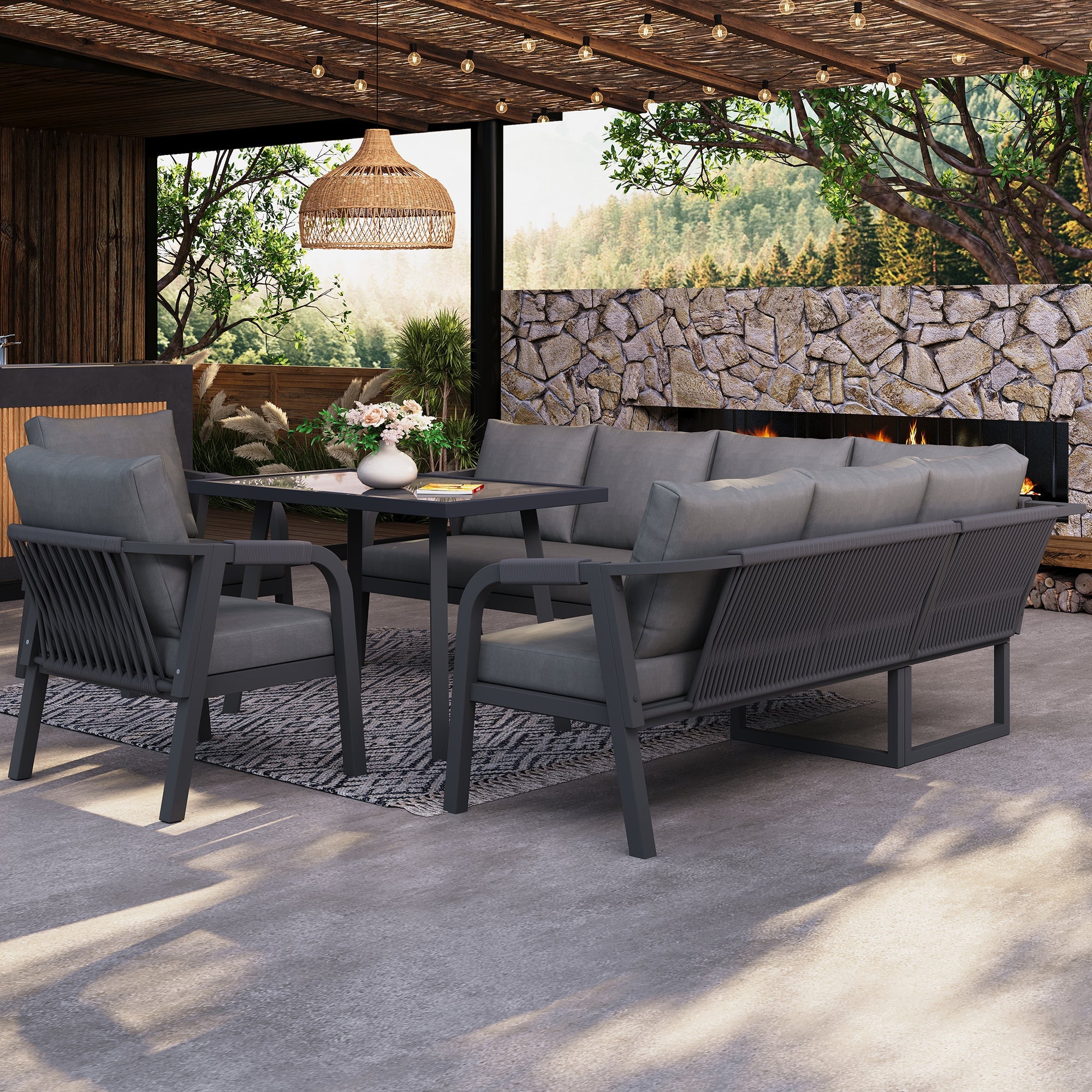 Garden Dining Set with Corner Sofa, Table and Two Armchairs, Seats up to 8, Grey Steel