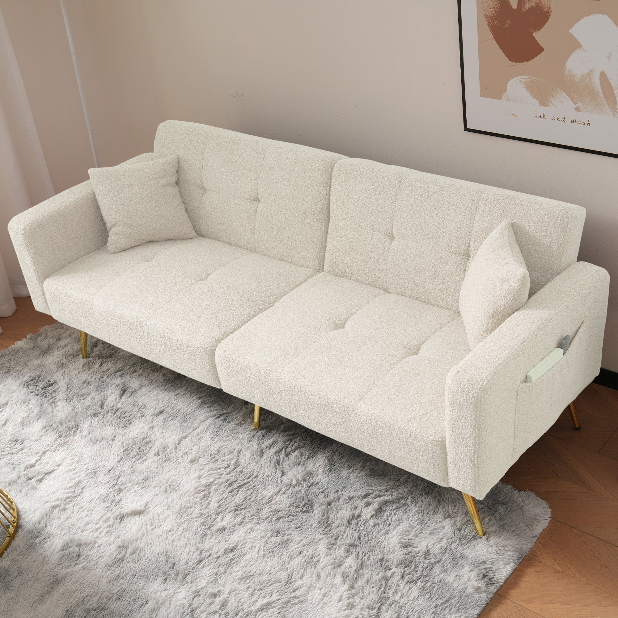 Sofa Bed Adjustable Angle Gold Legs Storage Pockets Fabric