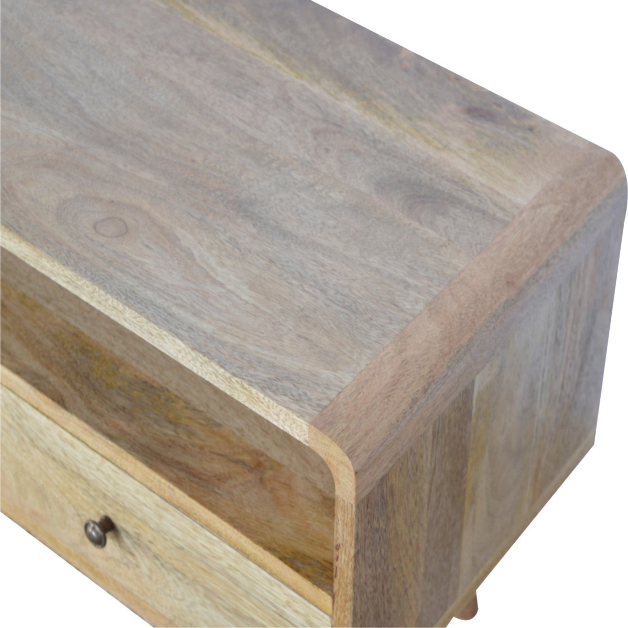 Solid Wood Curved Media Unit with 2 Drawers and Open Slot, Brown Oak-ish