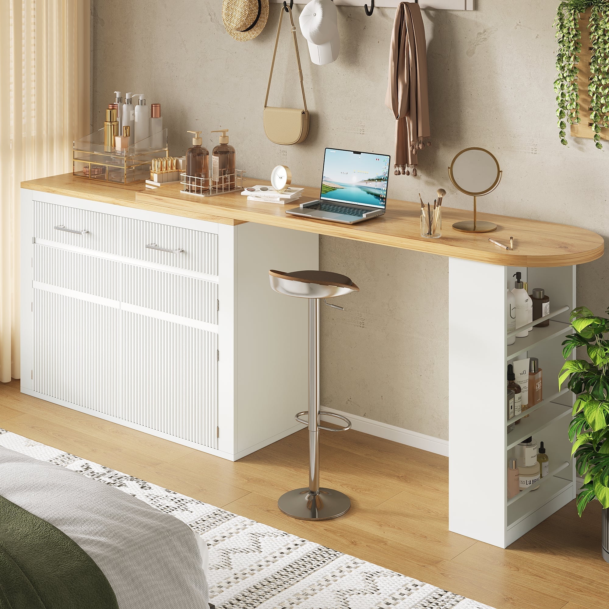 Extendable Bar Table Telescopic Movable Storage Drawer Shelves - White